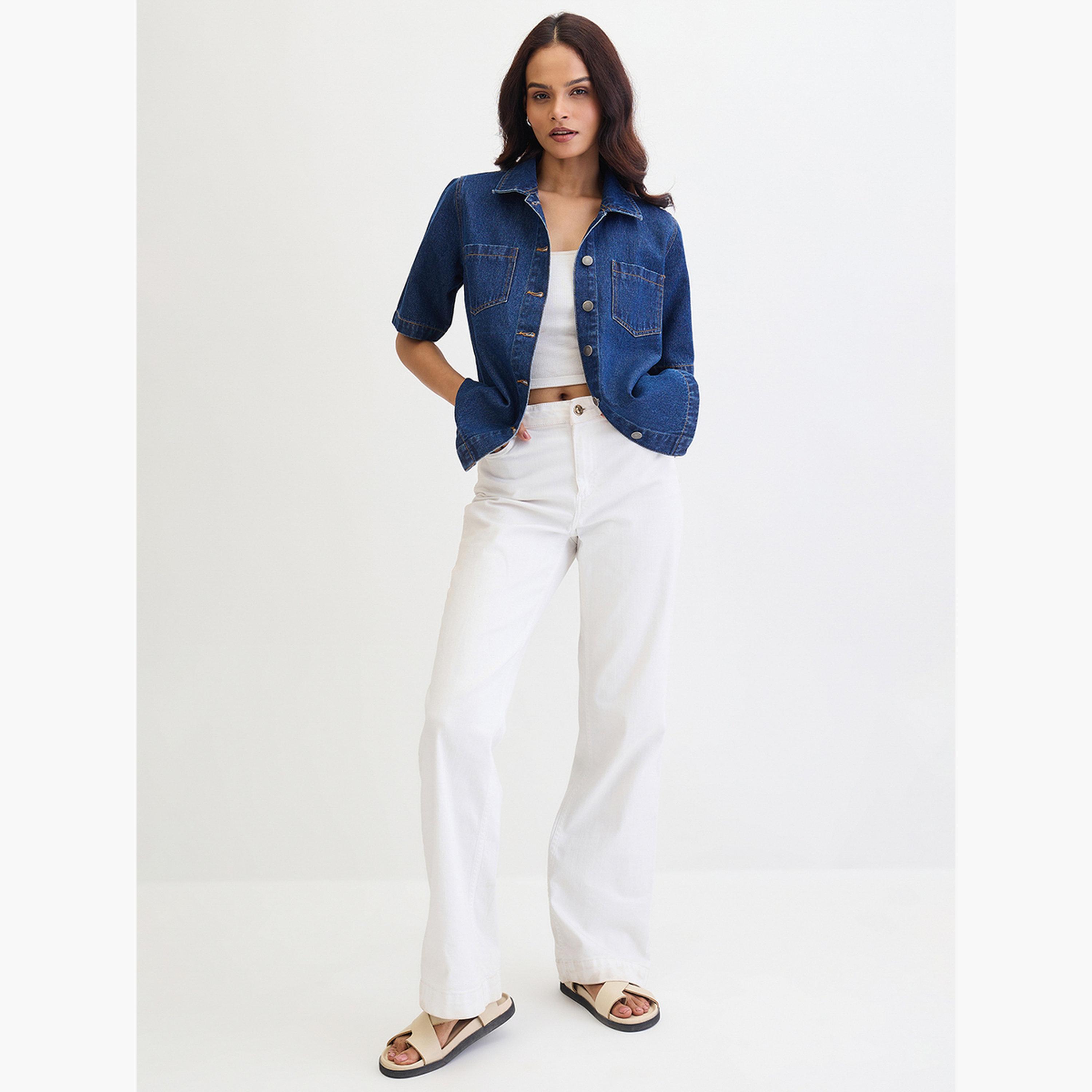 فيميلا - قميص جينز أزرق داكن بأكمام قصيرة-women-clothing-shirtsandblouses-shirts-image-2