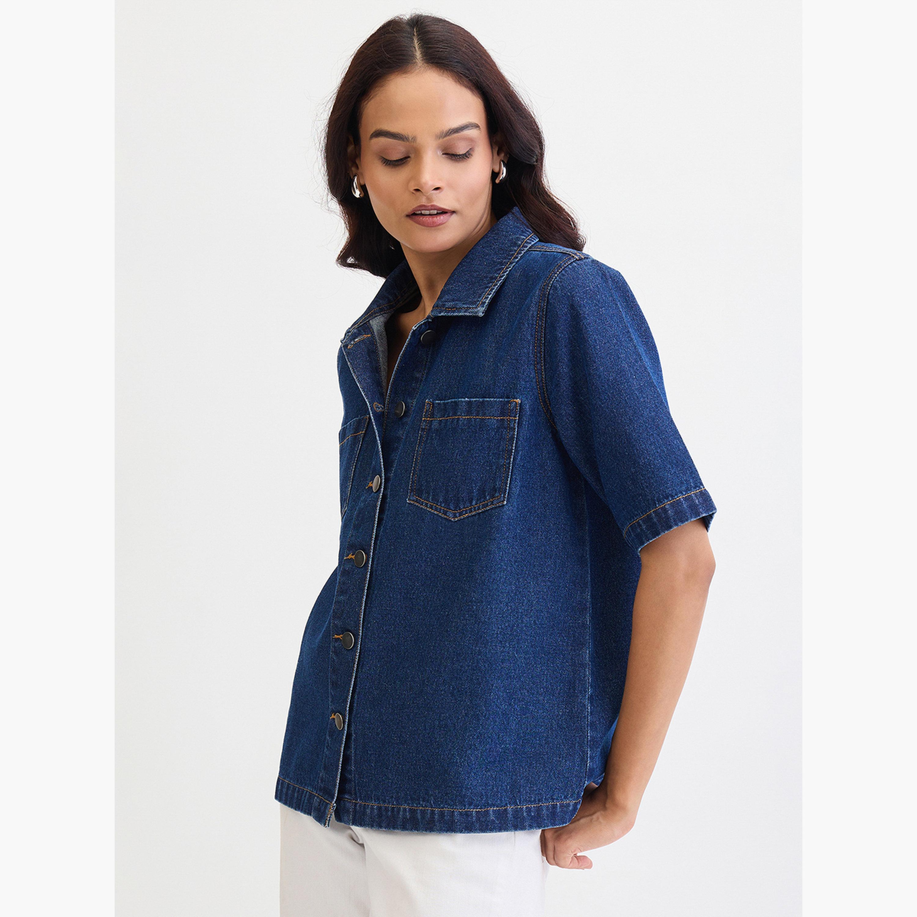 فيميلا - قميص جينز أزرق داكن بأكمام قصيرة-women-clothing-shirtsandblouses-shirts-image-3