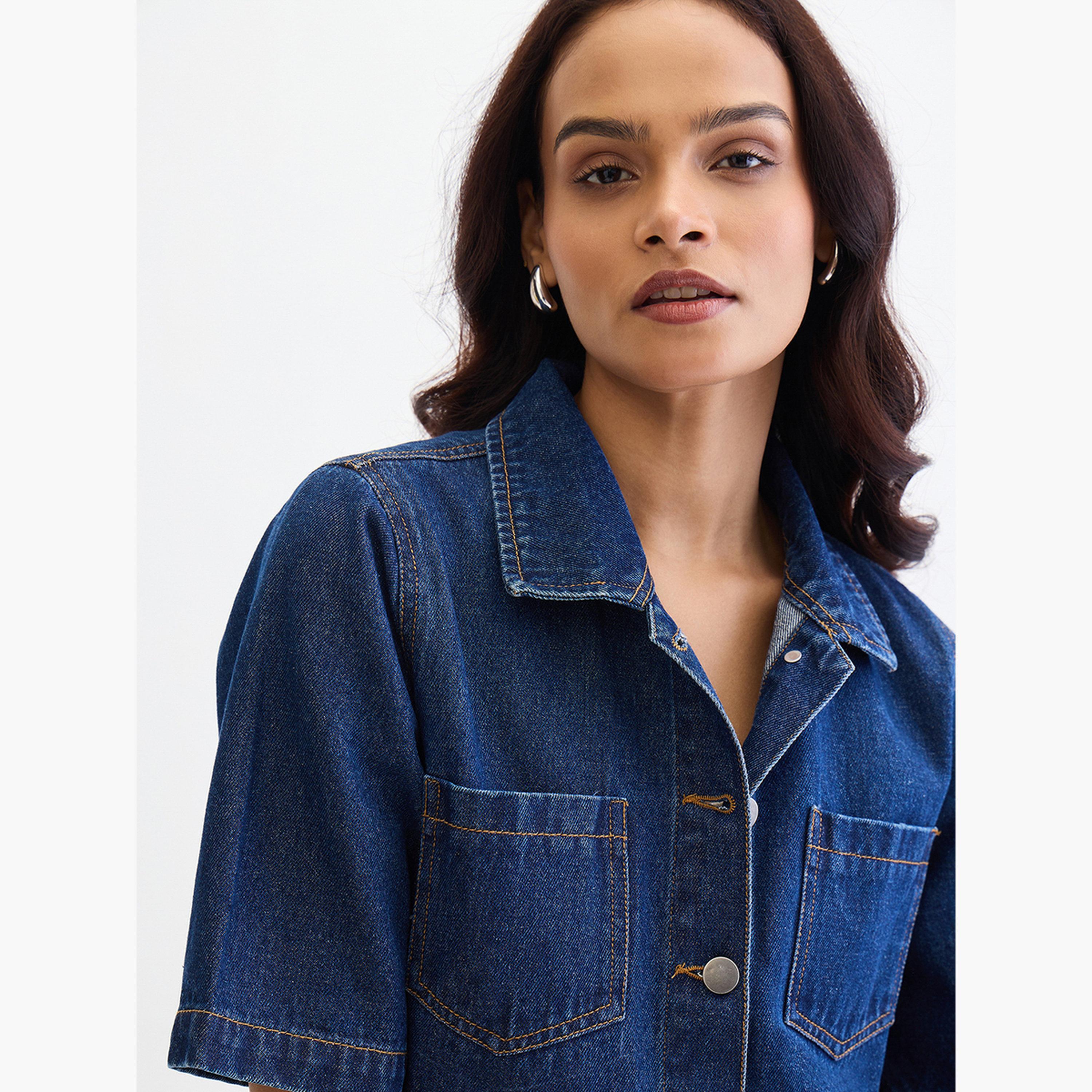 فيميلا - قميص جينز أزرق داكن بأكمام قصيرة-women-clothing-shirtsandblouses-shirts-image-4