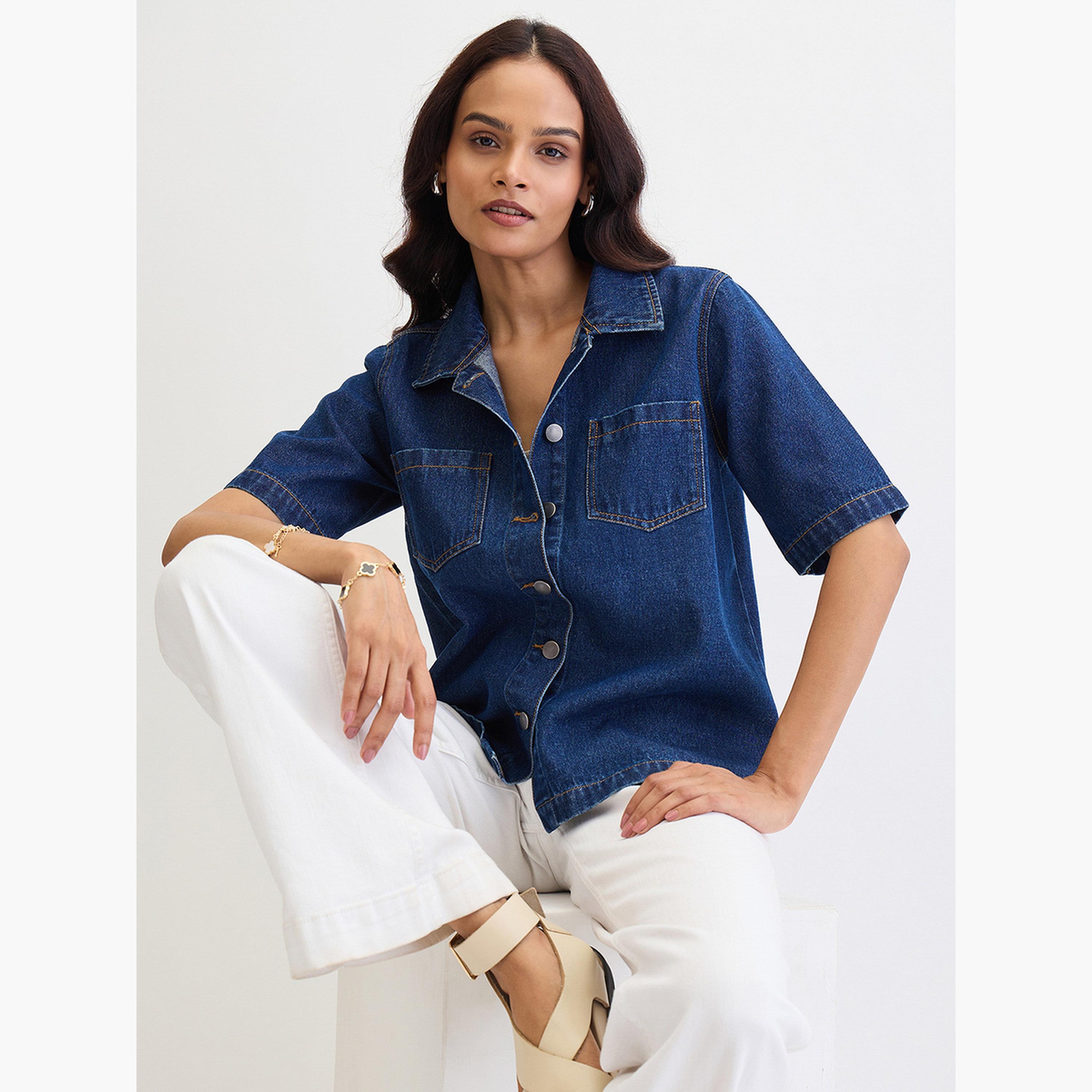 فيميلا - قميص جينز أزرق داكن بأكمام قصيرة-women-clothing-shirtsandblouses-shirts-image-5