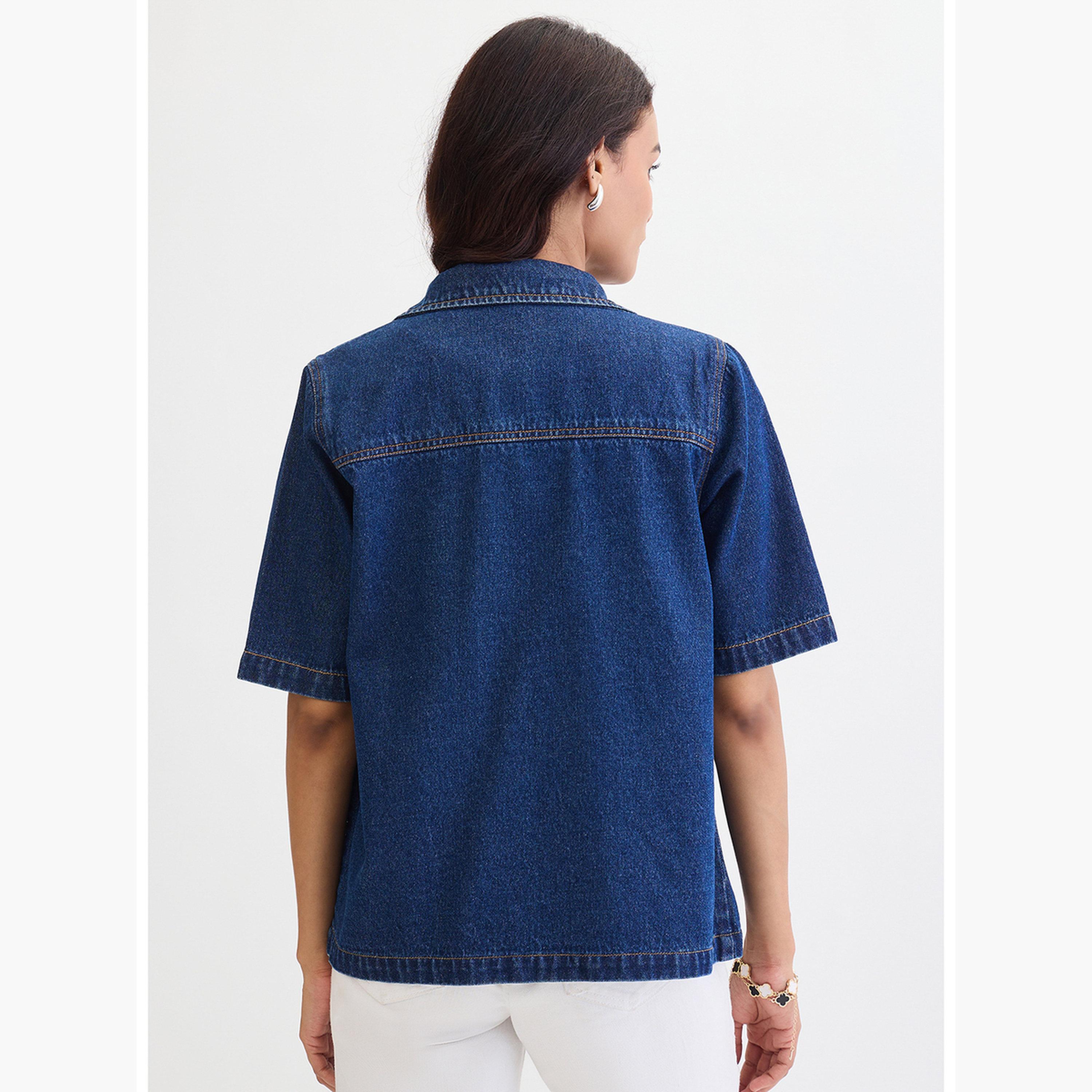فيميلا - قميص جينز أزرق داكن بأكمام قصيرة-women-clothing-shirtsandblouses-shirts-image-6