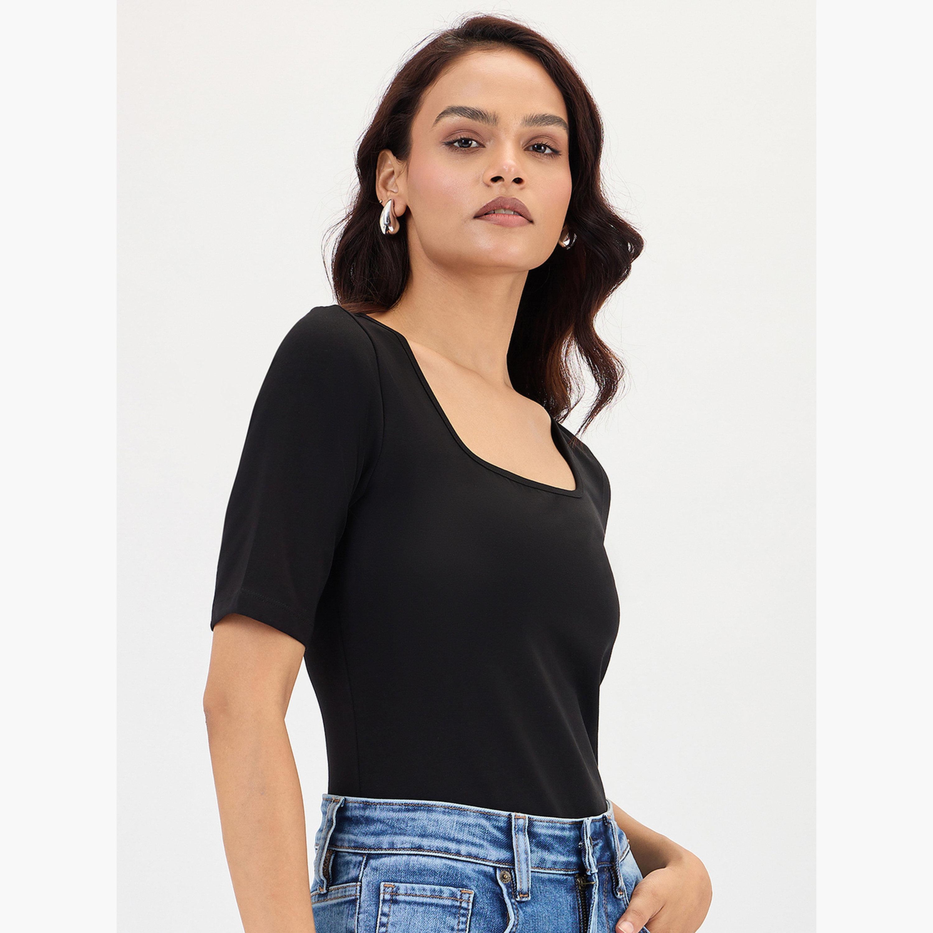 Femmella Black Cotton Short Sleeve Knit Bodysuit-women-clothing-shirtsandblouses-blouses-image-2