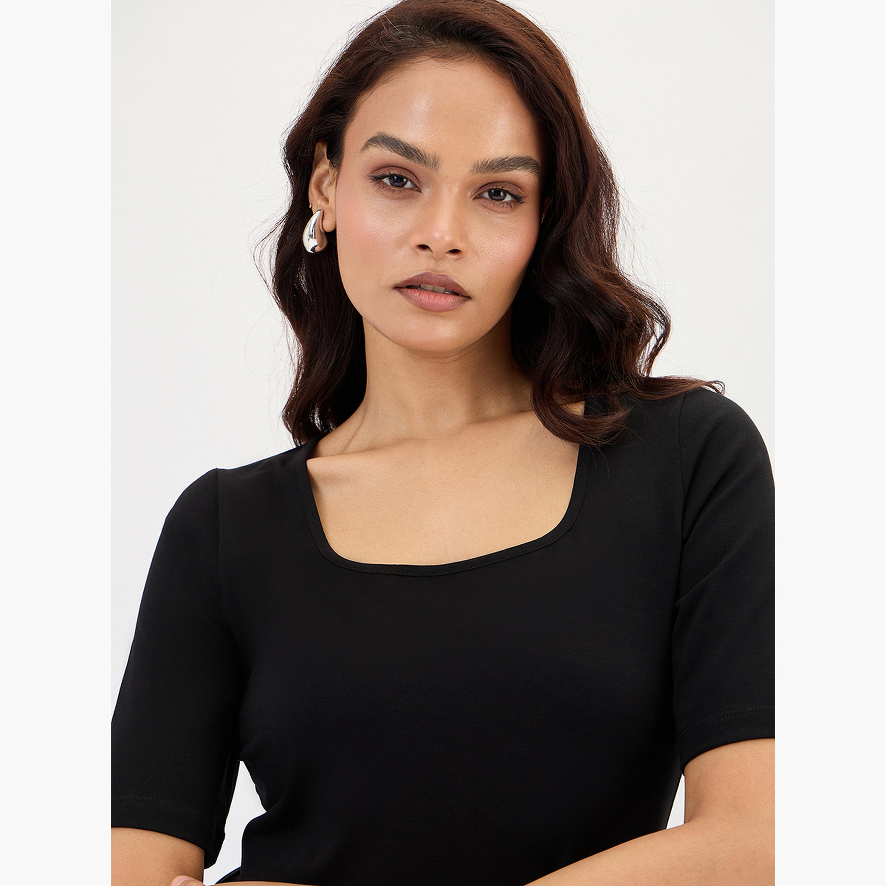 Femmella Black Cotton Short Sleeve Knit Bodysuit-women-clothing-shirtsandblouses-blouses-image-3