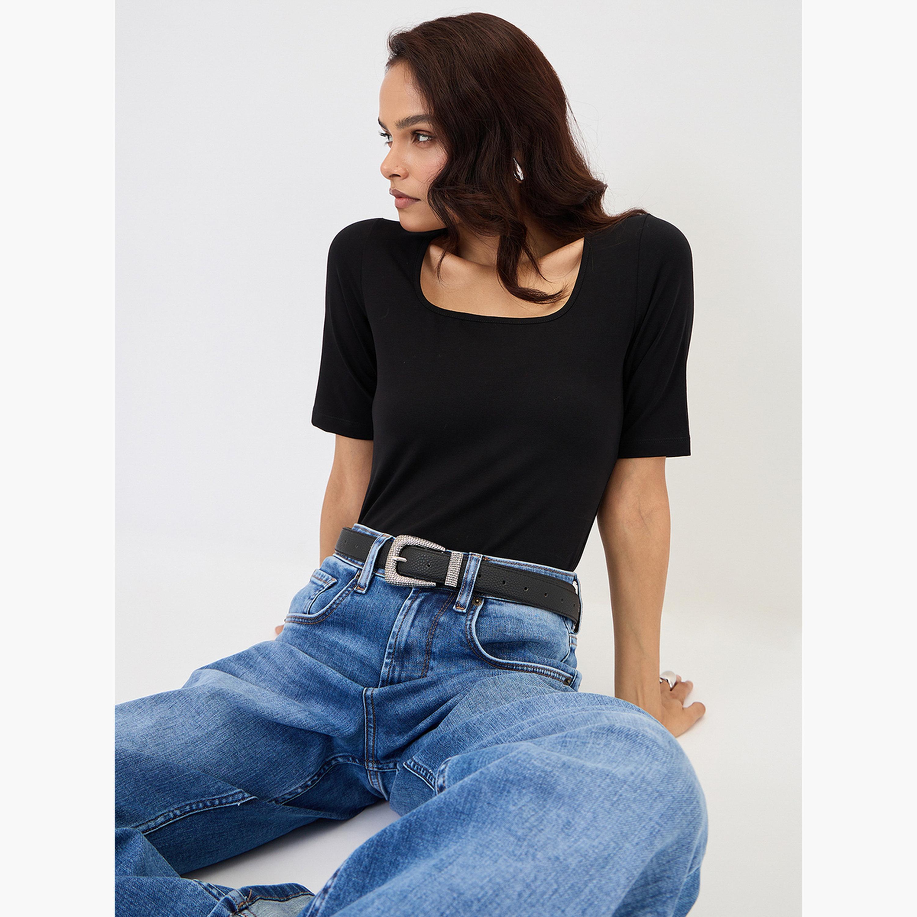 Femmella Black Cotton Short Sleeve Knit Bodysuit-women-clothing-shirtsandblouses-blouses-image-6