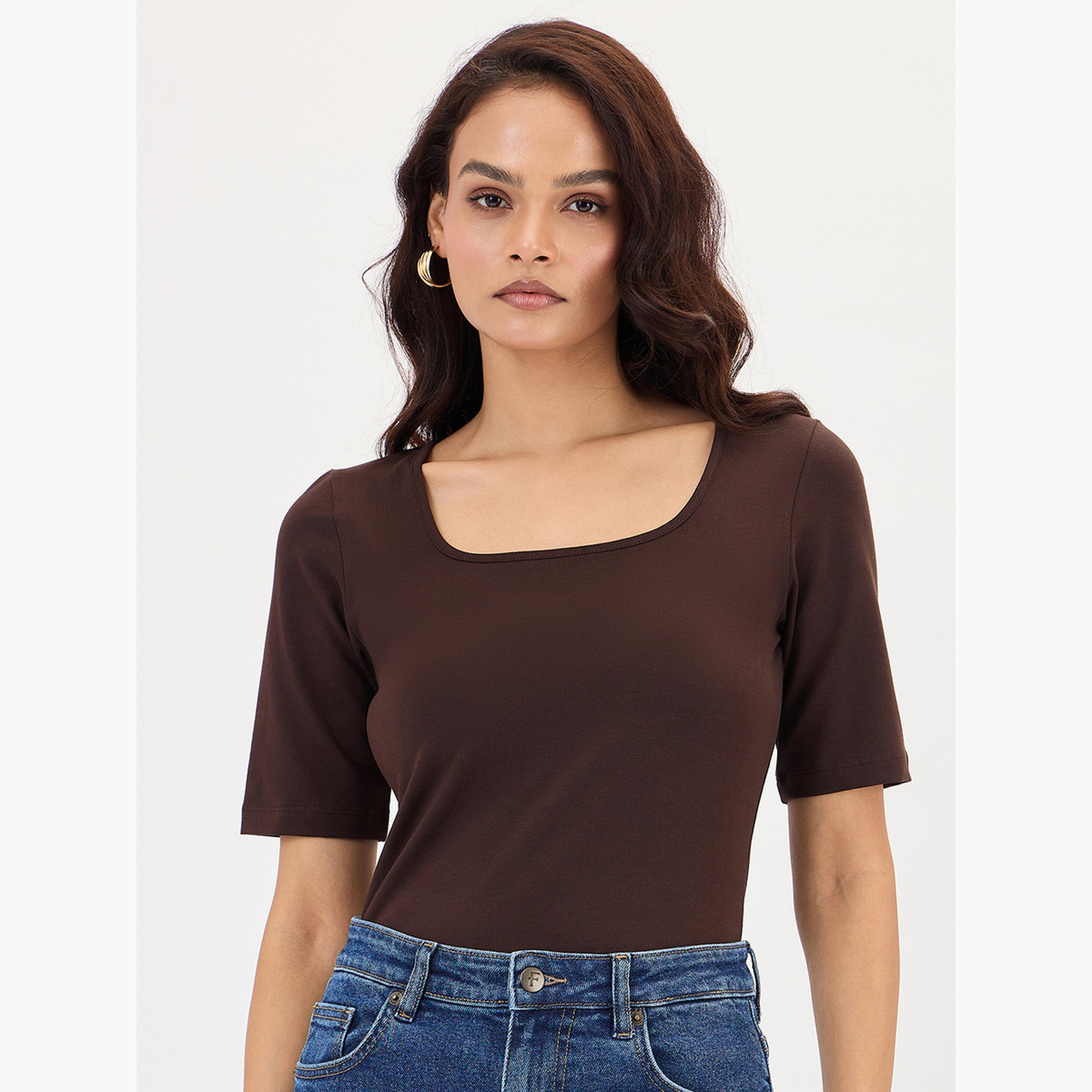Femmella Brown Square Neck Short Sleeve Bodysuit-women-clothing-shirtsandblouses-blouses-image-1