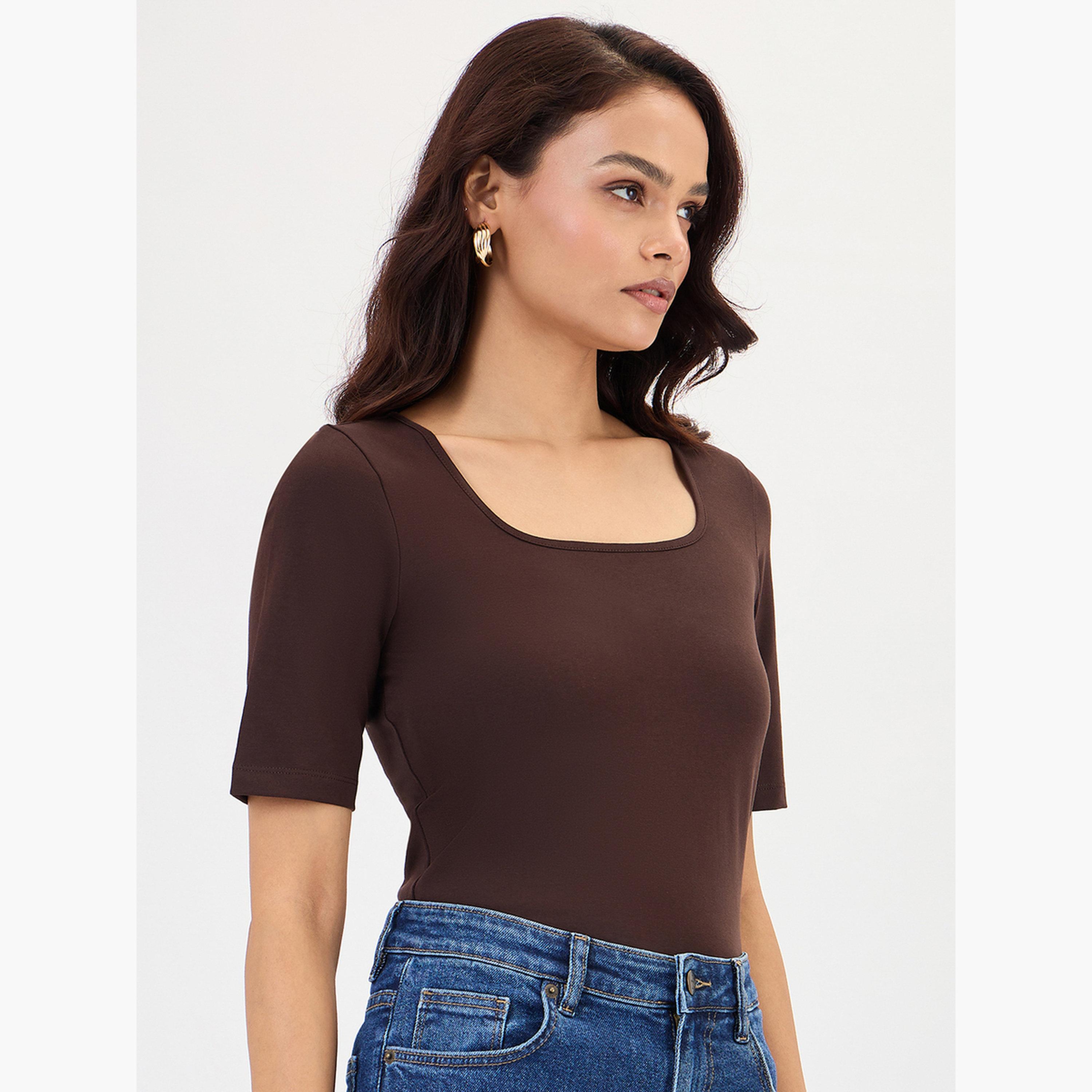 Femmella Brown Square Neck Short Sleeve Bodysuit-women-clothing-shirtsandblouses-blouses-image-3