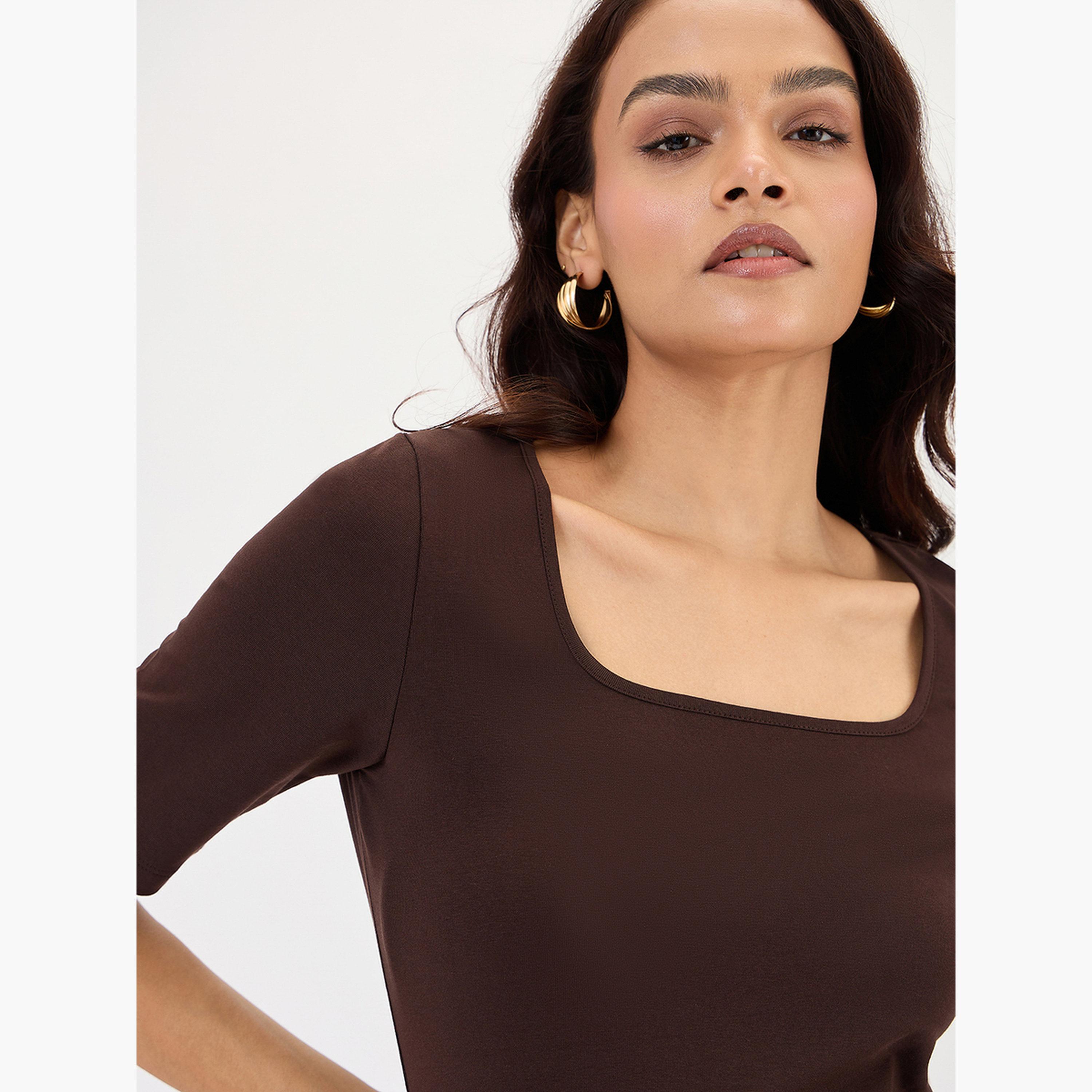 فيميلا - بدلة جسم لون بني برقبة مربعة وأكمام قصيرة-women-clothing-shirtsandblouses-blouses-image-5
