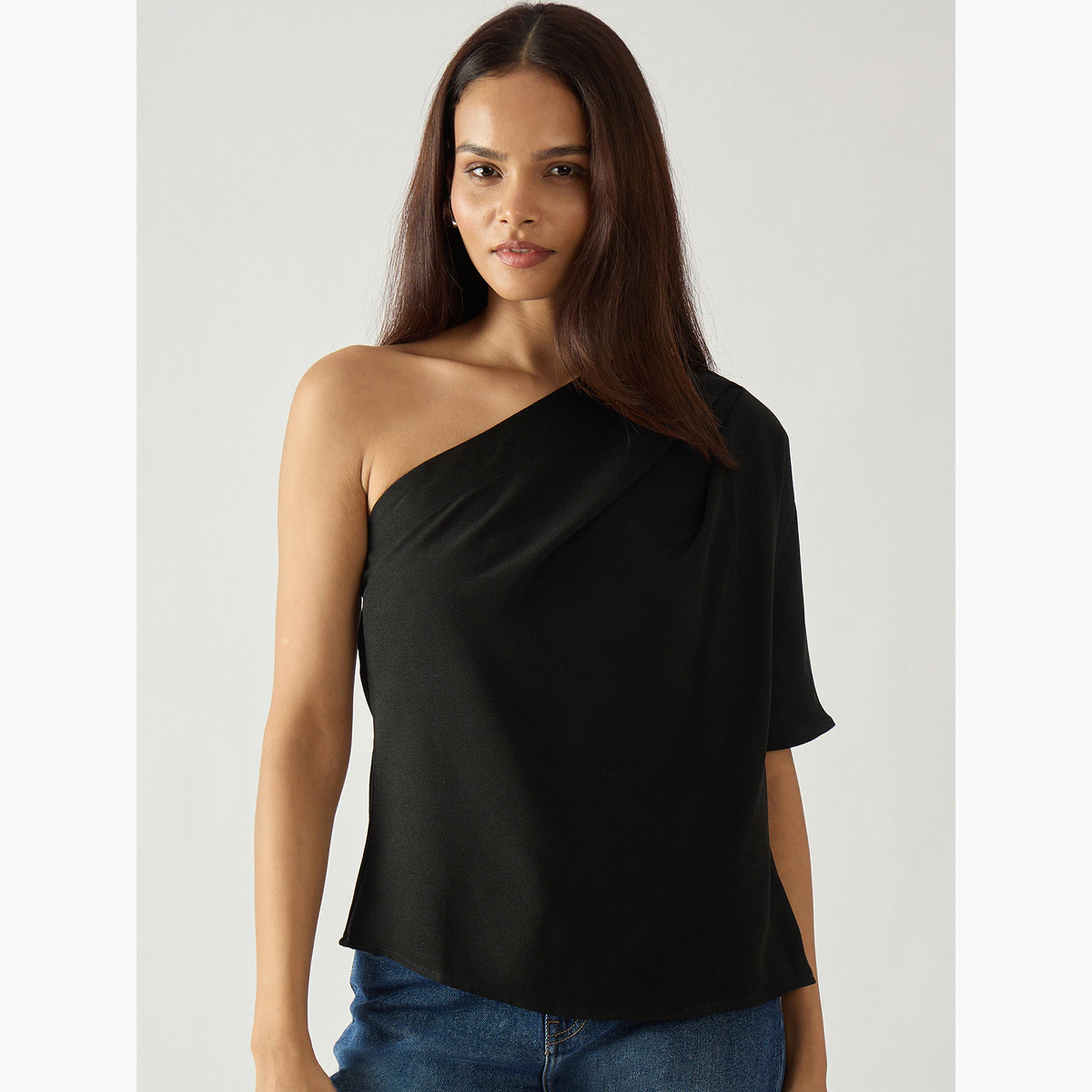 فيميلا - بلوزة سوداء سادة بكتف واحد-women-clothing-shirtsandblouses-blouses-image-1