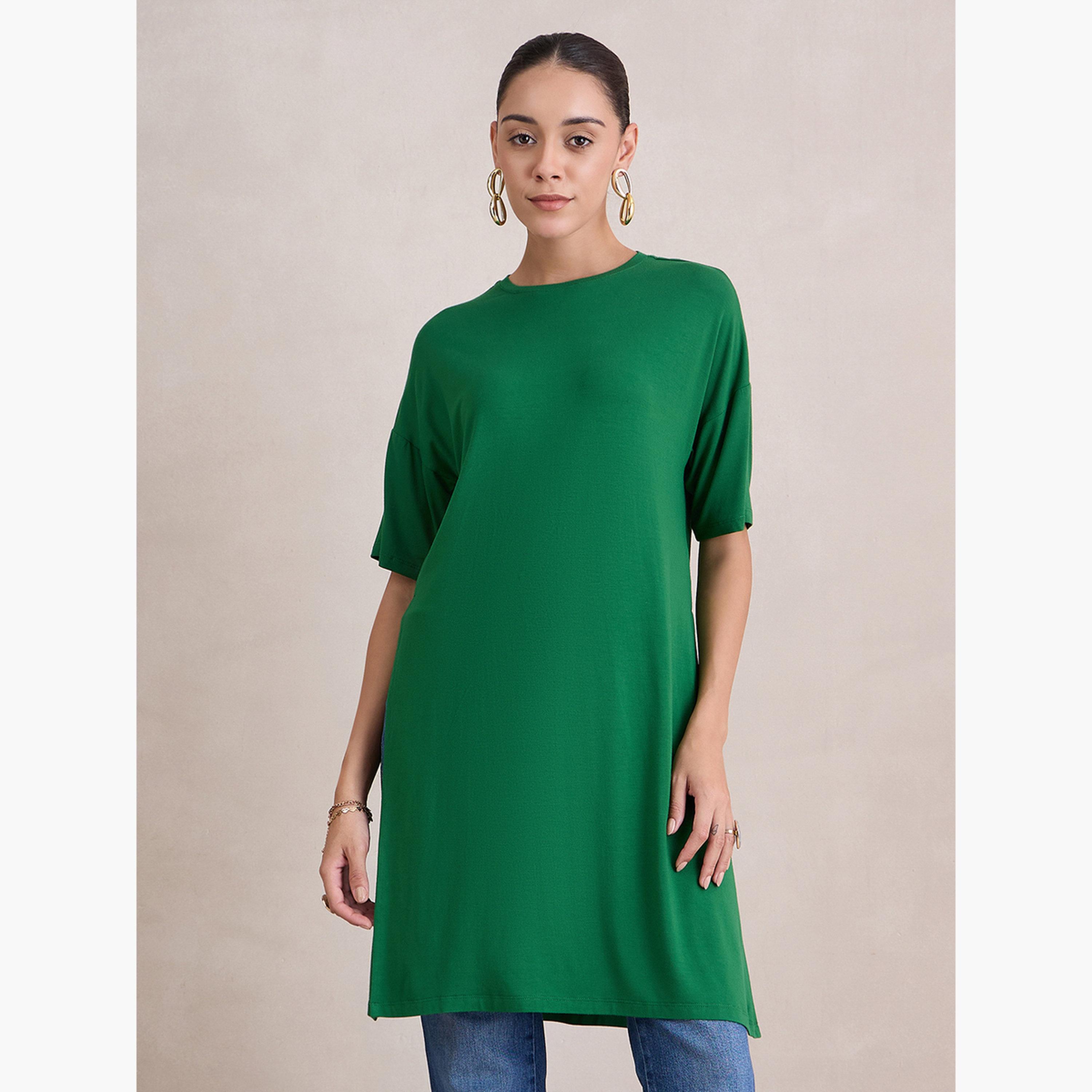 فيميلا - بلوزة طويلة محبوكة باللون الأخضر فتحة جانبية-women-clothing-tshirts-image-1