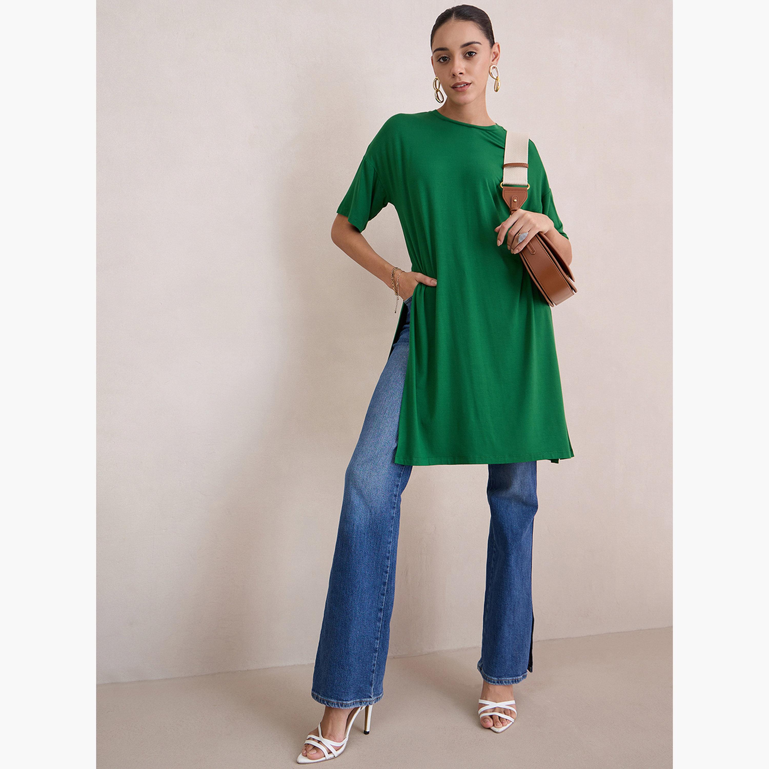 فيميلا - بلوزة طويلة محبوكة باللون الأخضر فتحة جانبية-women-clothing-tshirts-image-2