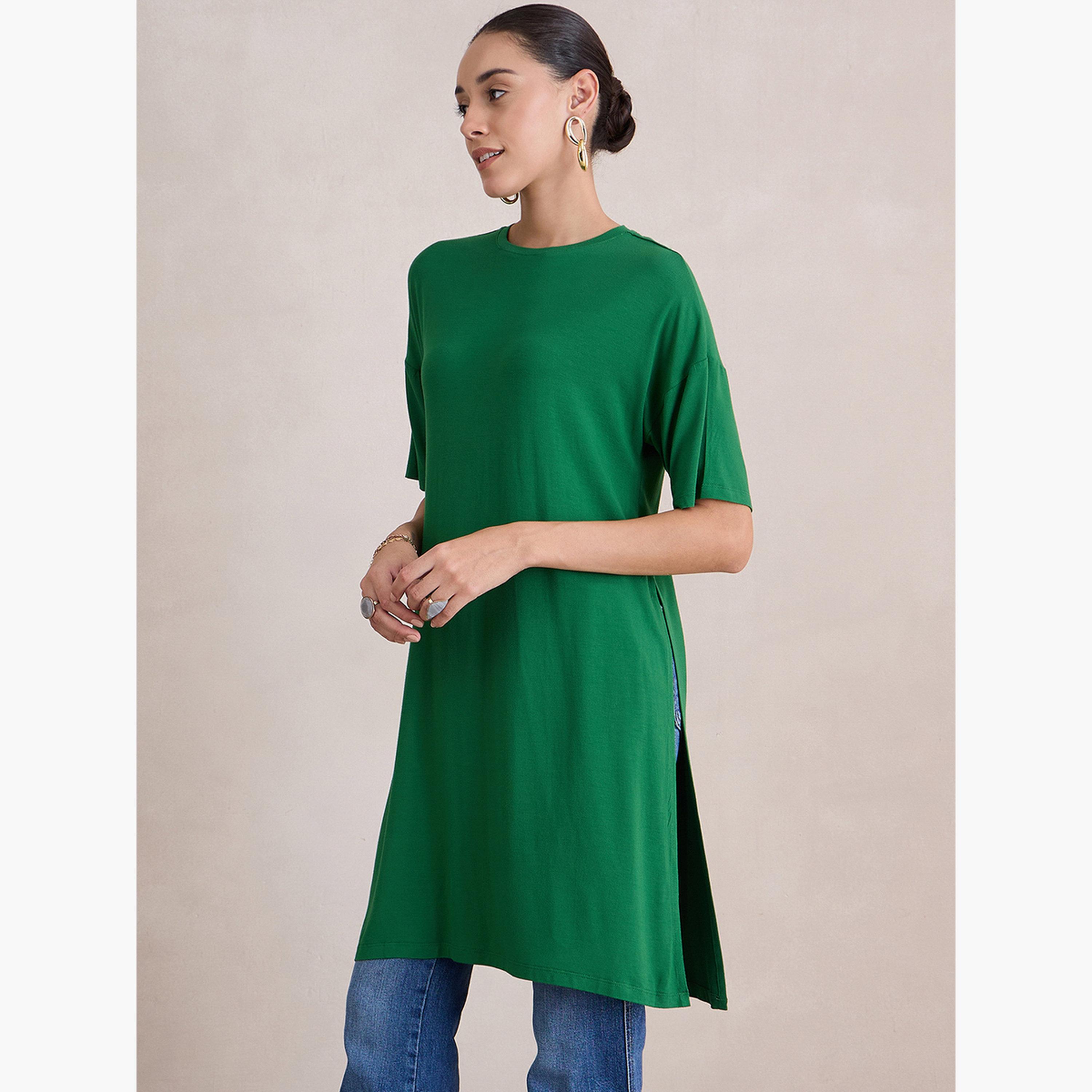 فيميلا - بلوزة طويلة محبوكة باللون الأخضر فتحة جانبية-women-clothing-tshirts-image-3
