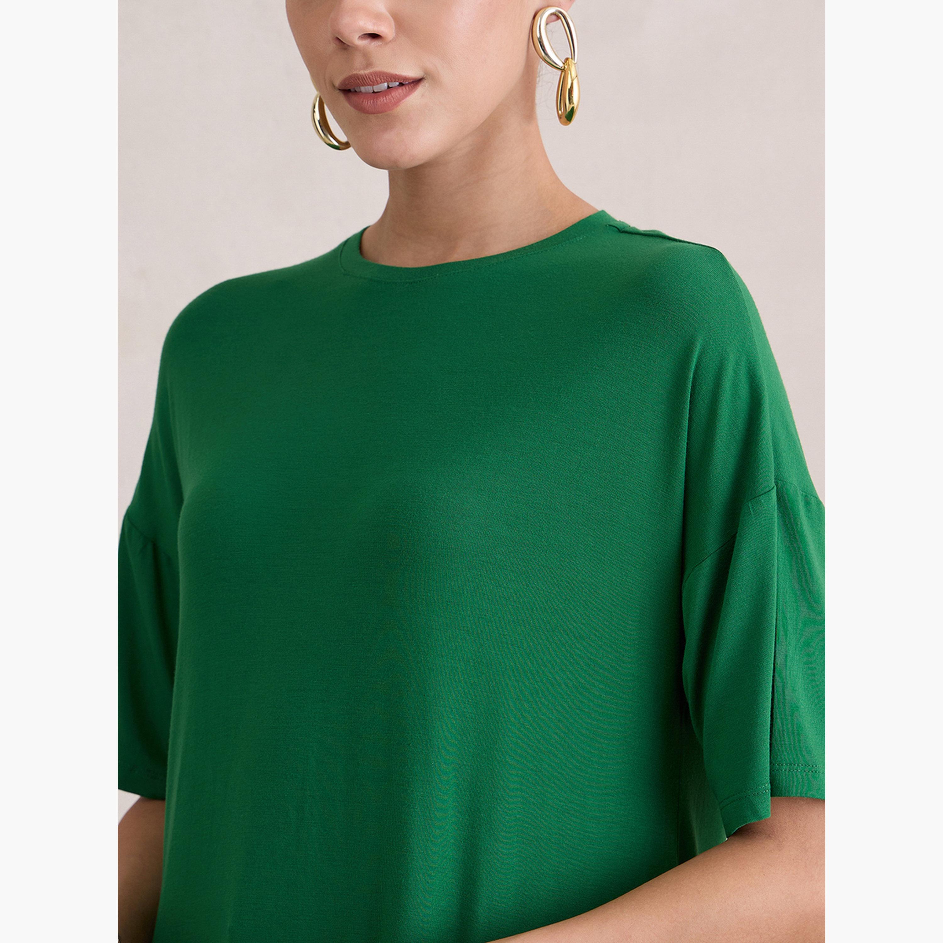 فيميلا - بلوزة طويلة محبوكة باللون الأخضر فتحة جانبية-women-clothing-tshirts-image-4