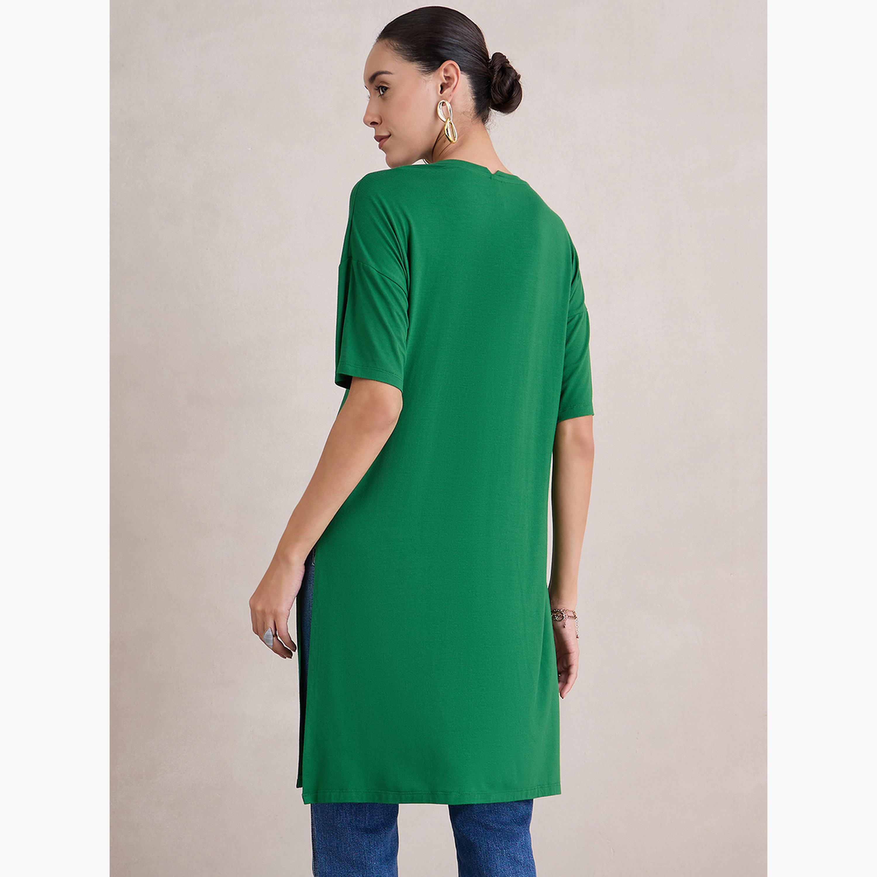 فيميلا - بلوزة طويلة محبوكة باللون الأخضر فتحة جانبية-women-clothing-tshirts-image-5