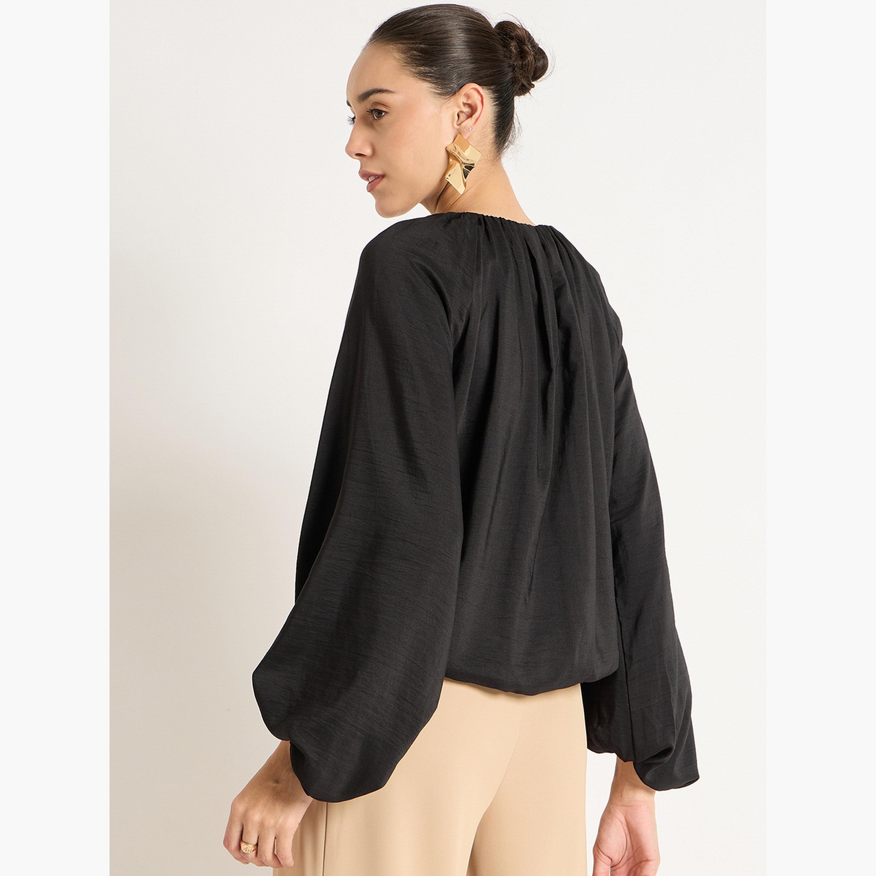 Femmella Black Balloon Sleeve Round Neck Top-women-clothing-shirtsandblouses-blouses-image-5