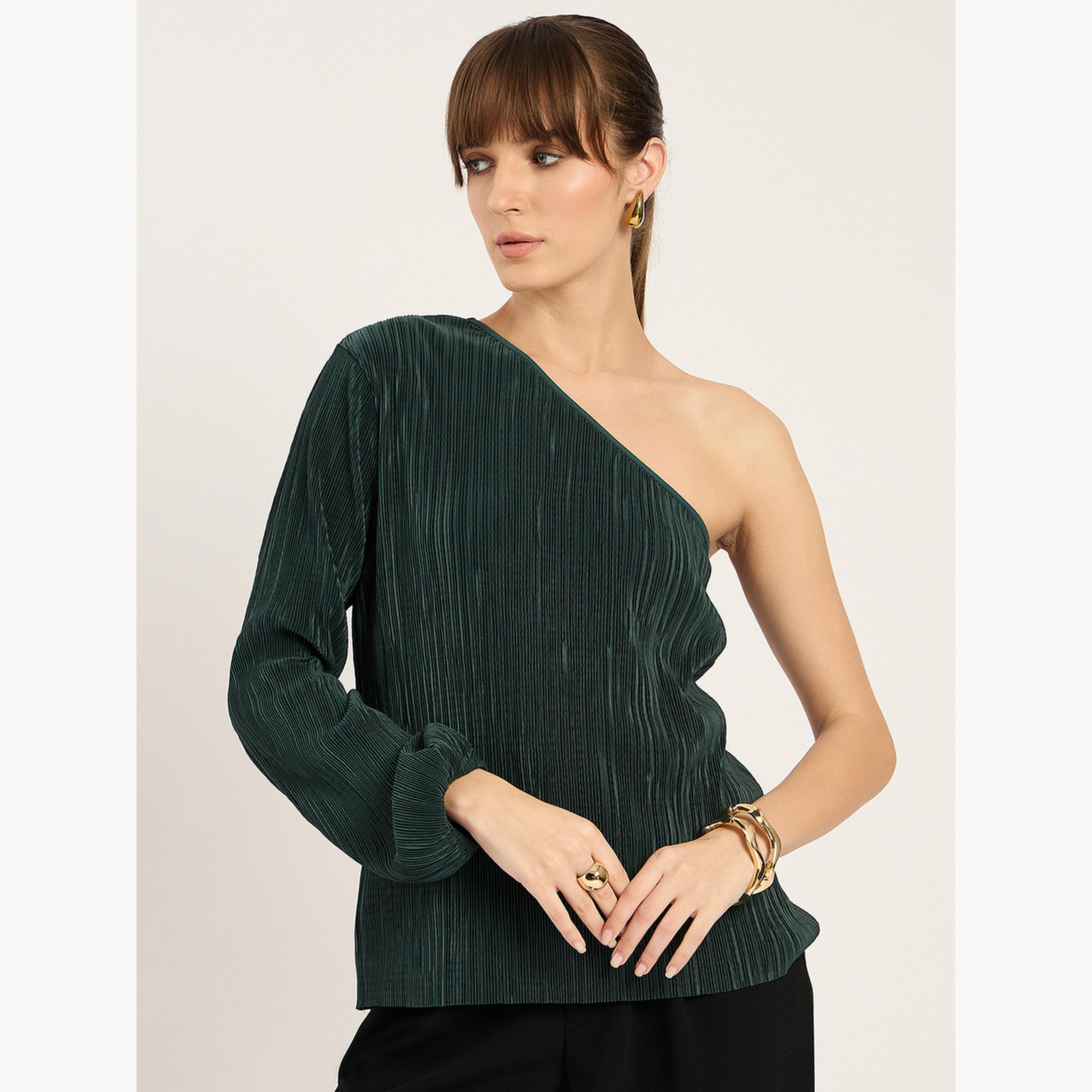 Femmella Green Plisse One Shoulder Top-women-clothing-shirtsandblouses-blouses-image-1