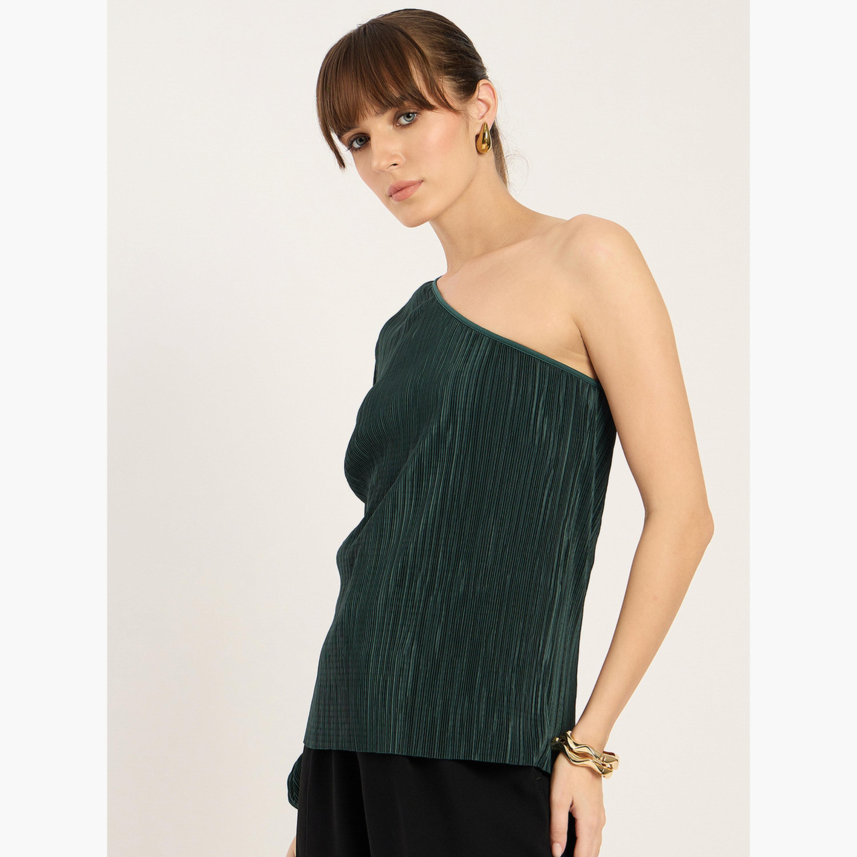 Femmella Green Plisse One Shoulder Top-women-clothing-shirtsandblouses-blouses-image-3