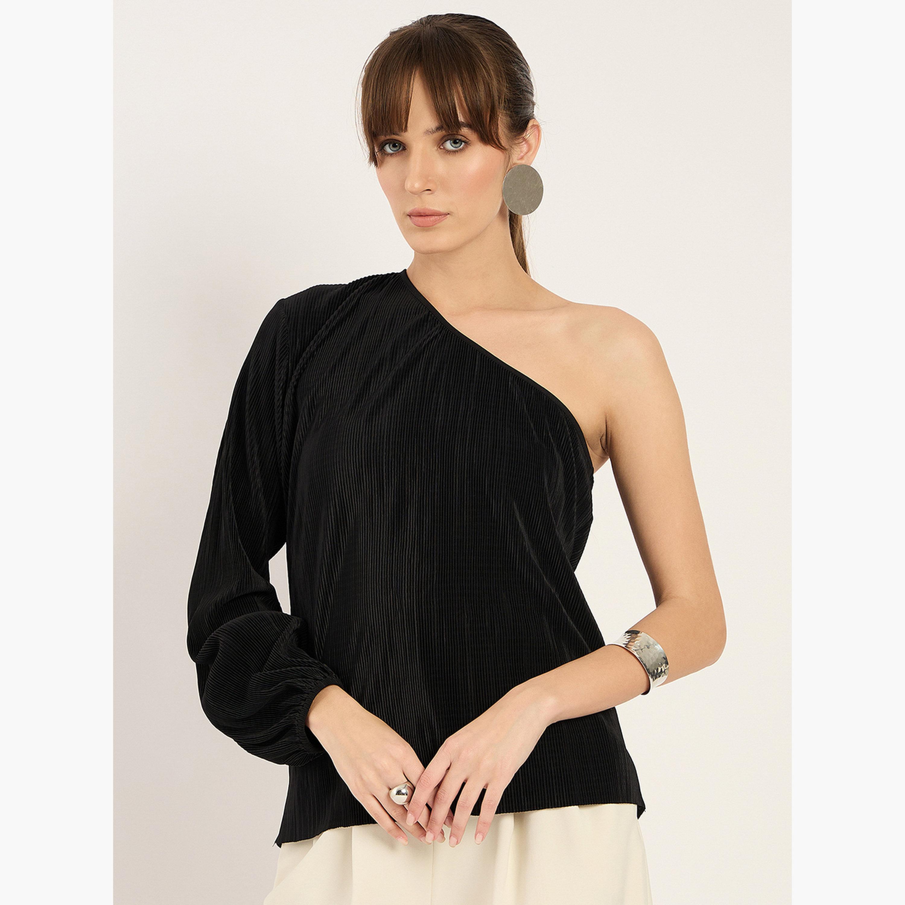 فيميلا - بلوزة سوداء بكتف واحد-women-clothing-shirtsandblouses-blouses-image-1