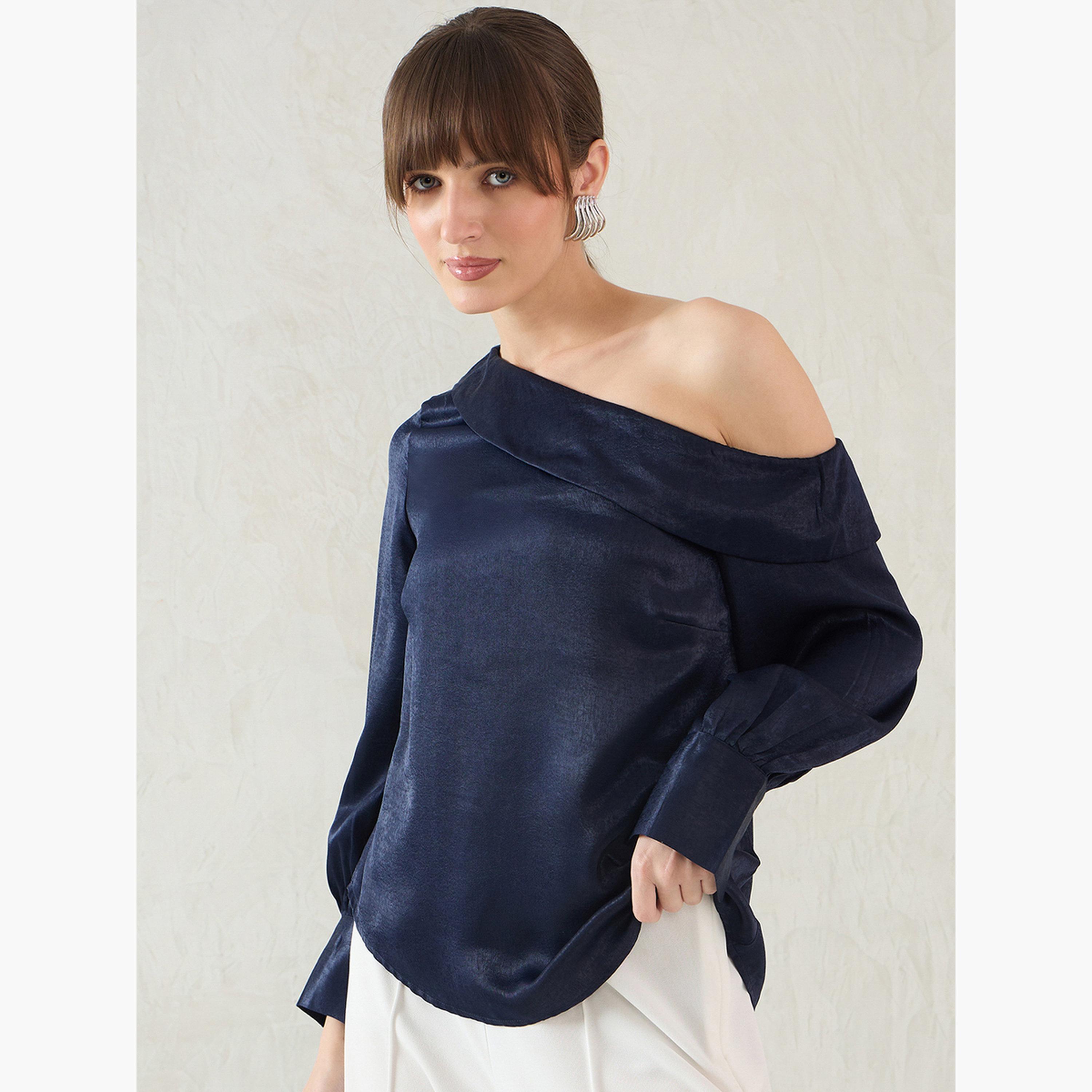 فيميلا - بلوزة ساتان بكتف واحد لون أزرق داكن-women-clothing-shirtsandblouses-blouses-image-1