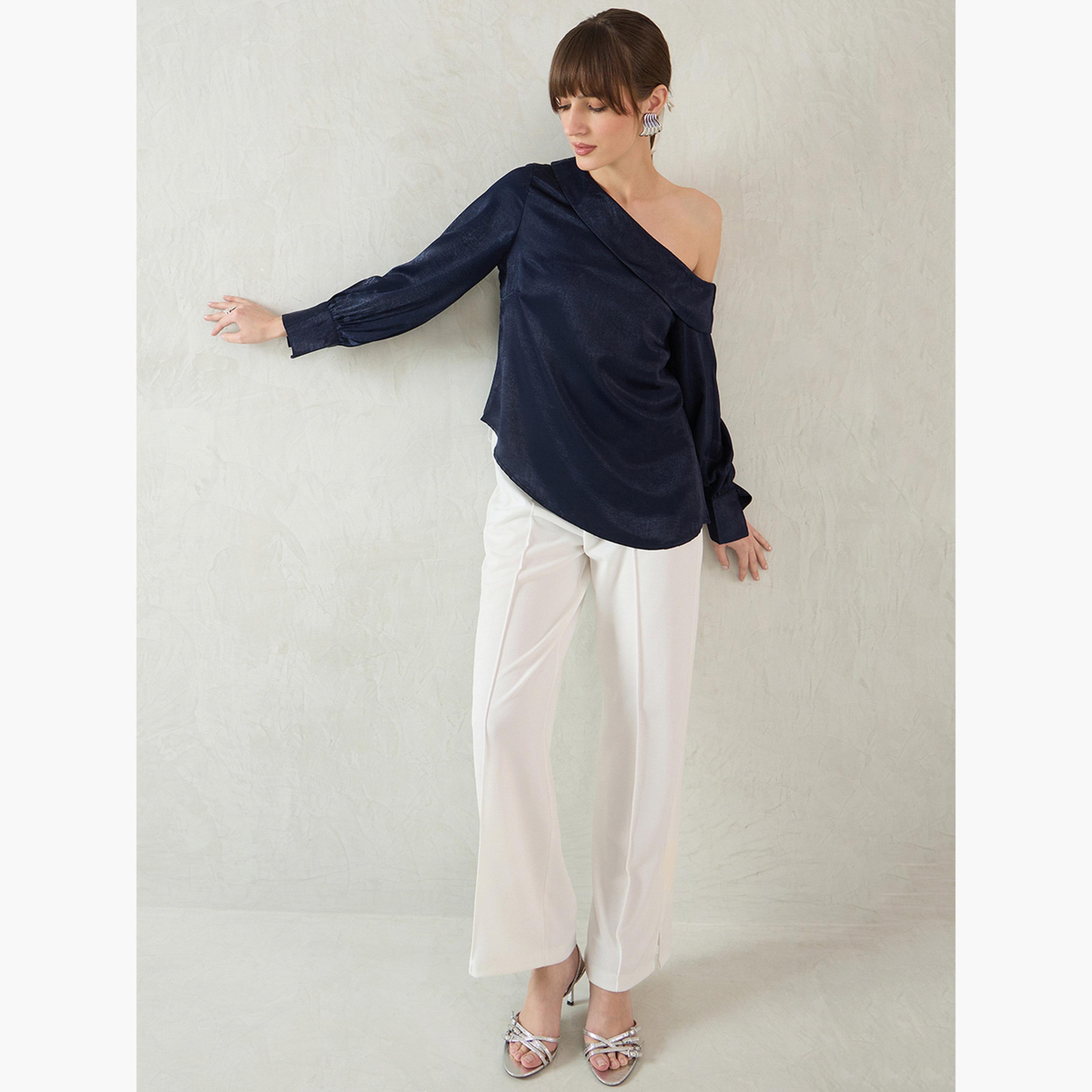 فيميلا - بلوزة ساتان بكتف واحد لون أزرق داكن-women-clothing-shirtsandblouses-blouses-image-2