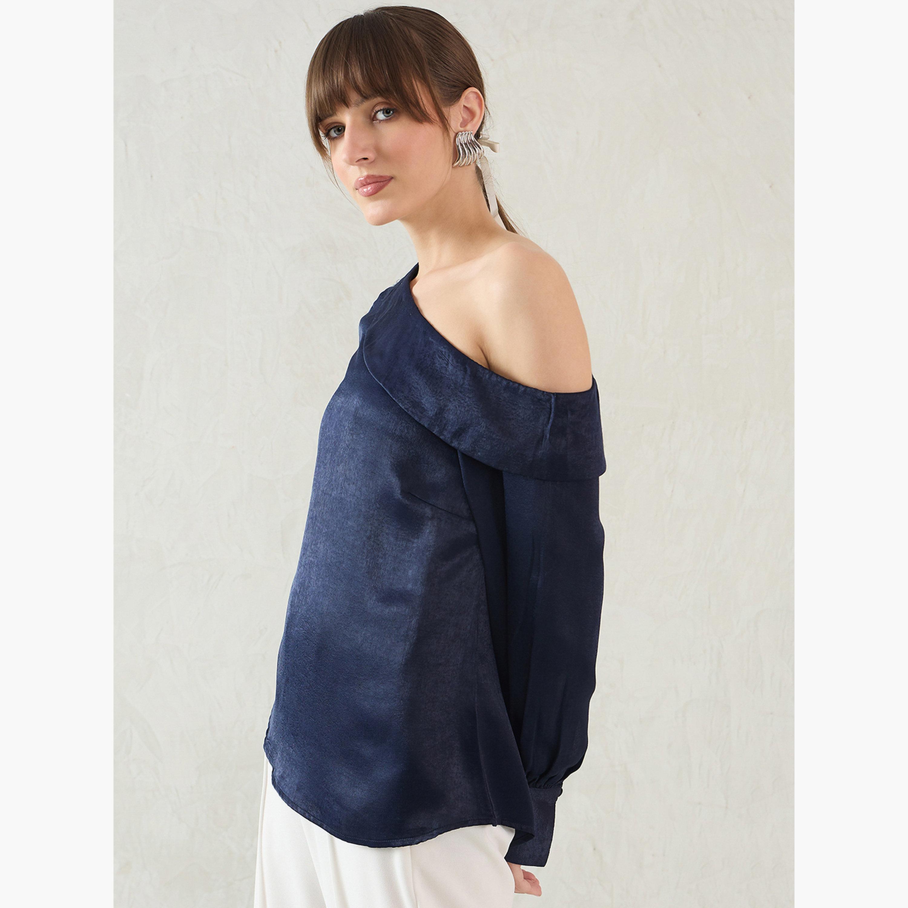 Femmella Navy Blue One Shoulder Detail Satin Top-women-clothing-shirtsandblouses-blouses-image-3
