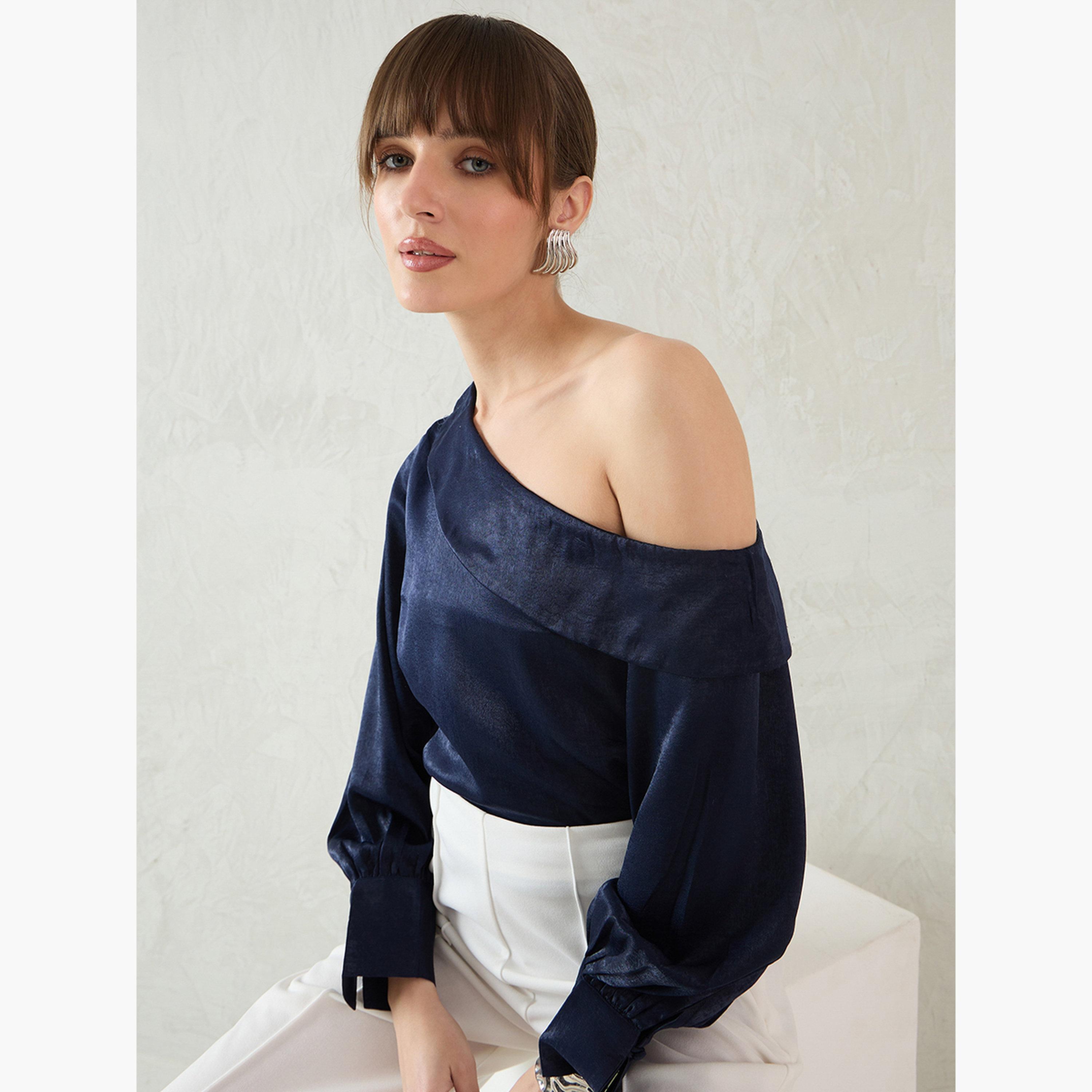Femmella Navy Blue One Shoulder Detail Satin Top-women-clothing-shirtsandblouses-blouses-image-6
