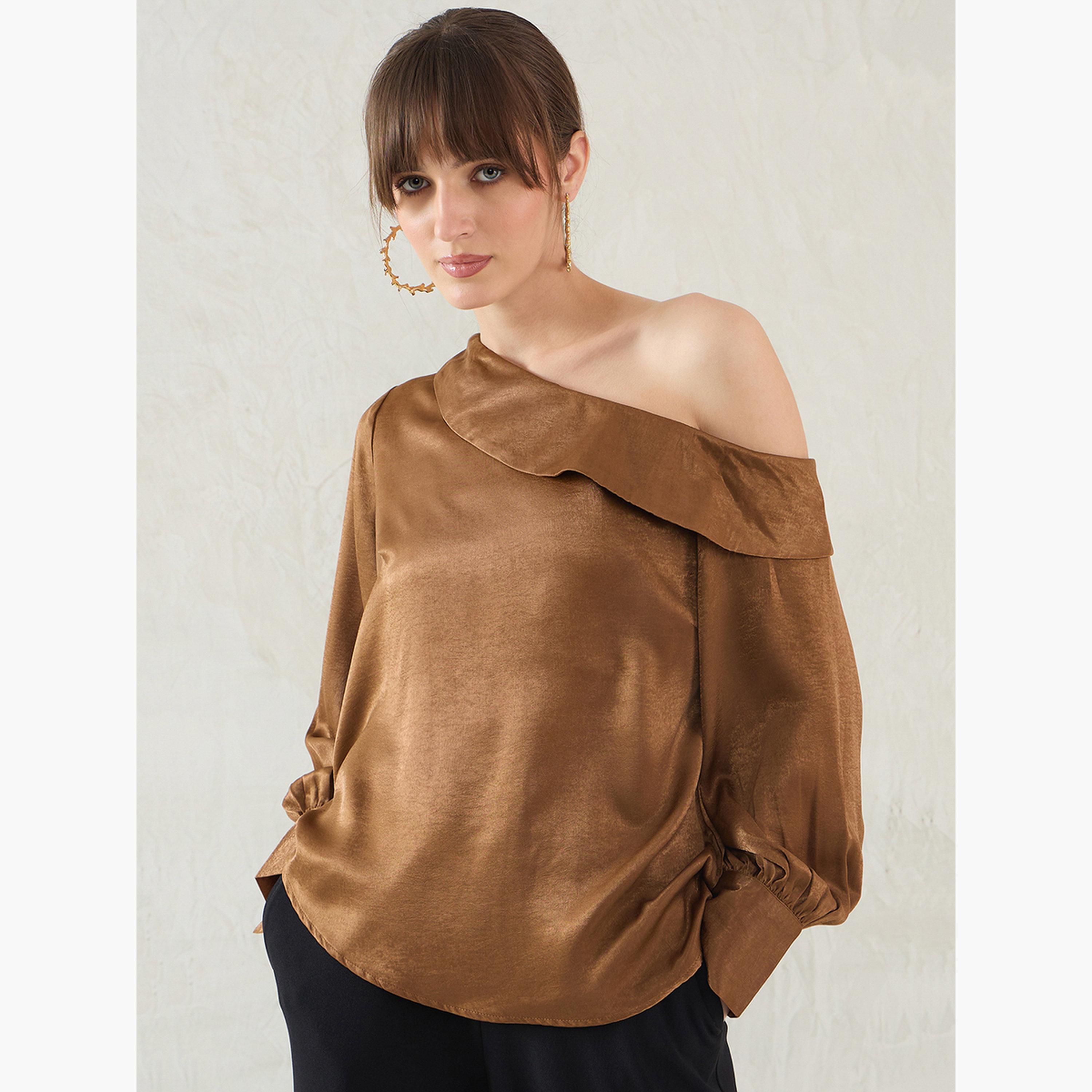 Femmella Brown One Shoulder Detail Satin Top-women-clothing-shirtsandblouses-blouses-image-1