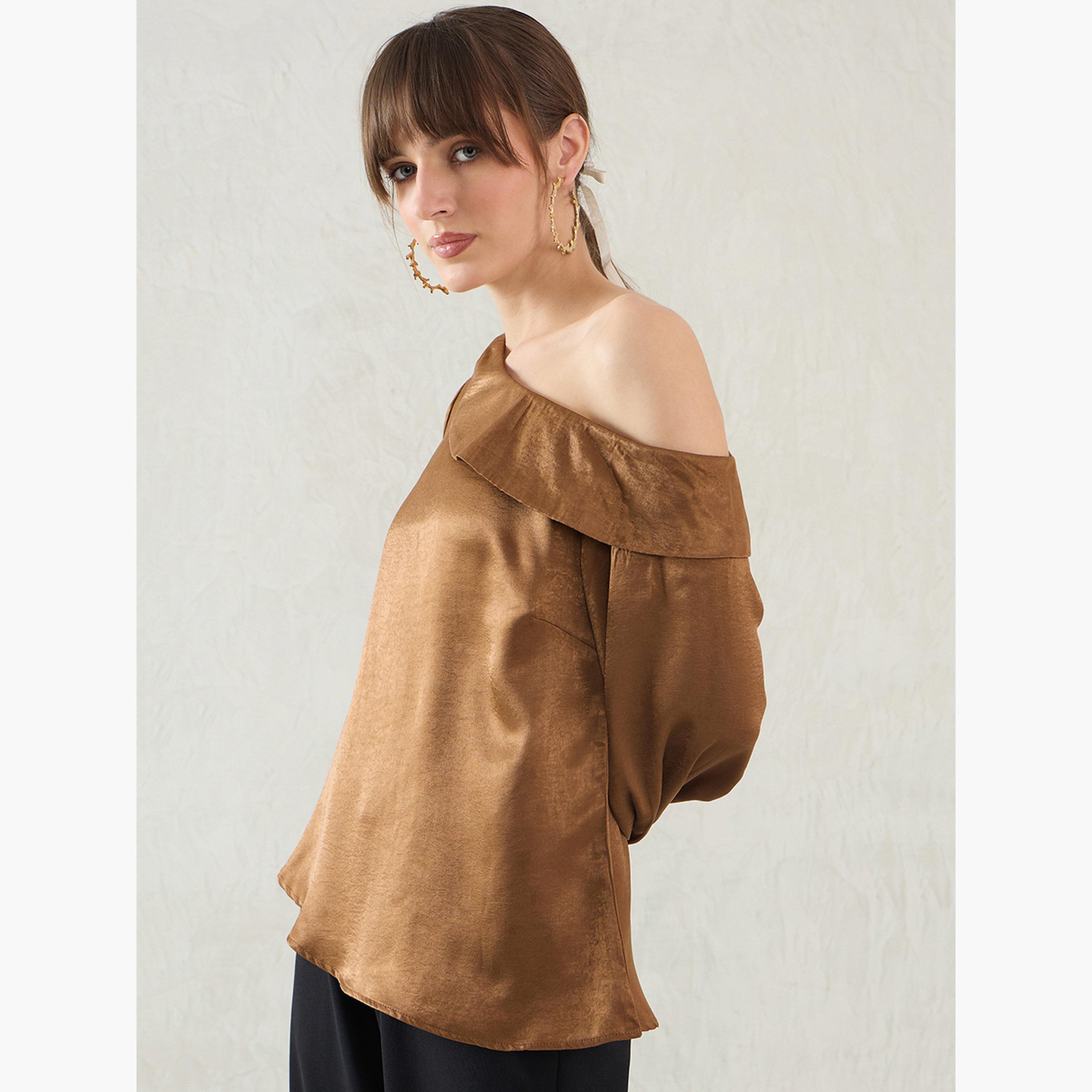 Femmella Brown One Shoulder Detail Satin Top-women-clothing-shirtsandblouses-blouses-image-3