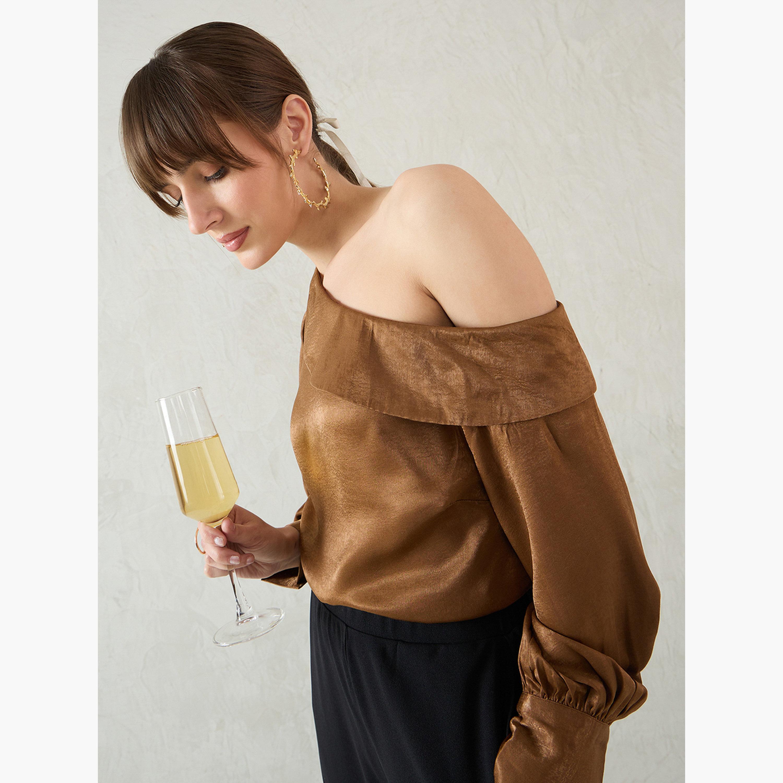 Femmella Brown One Shoulder Detail Satin Top-women-clothing-shirtsandblouses-blouses-image-4
