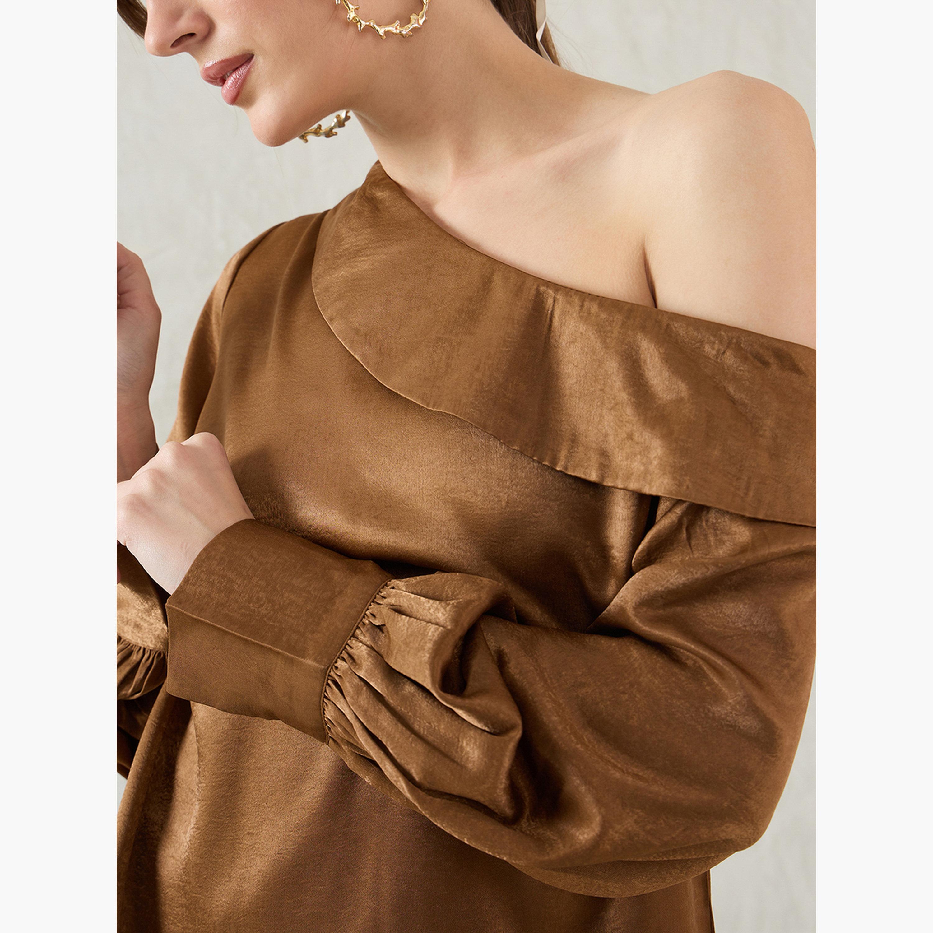 Femmella Brown One Shoulder Detail Satin Top-women-clothing-shirtsandblouses-blouses-image-5