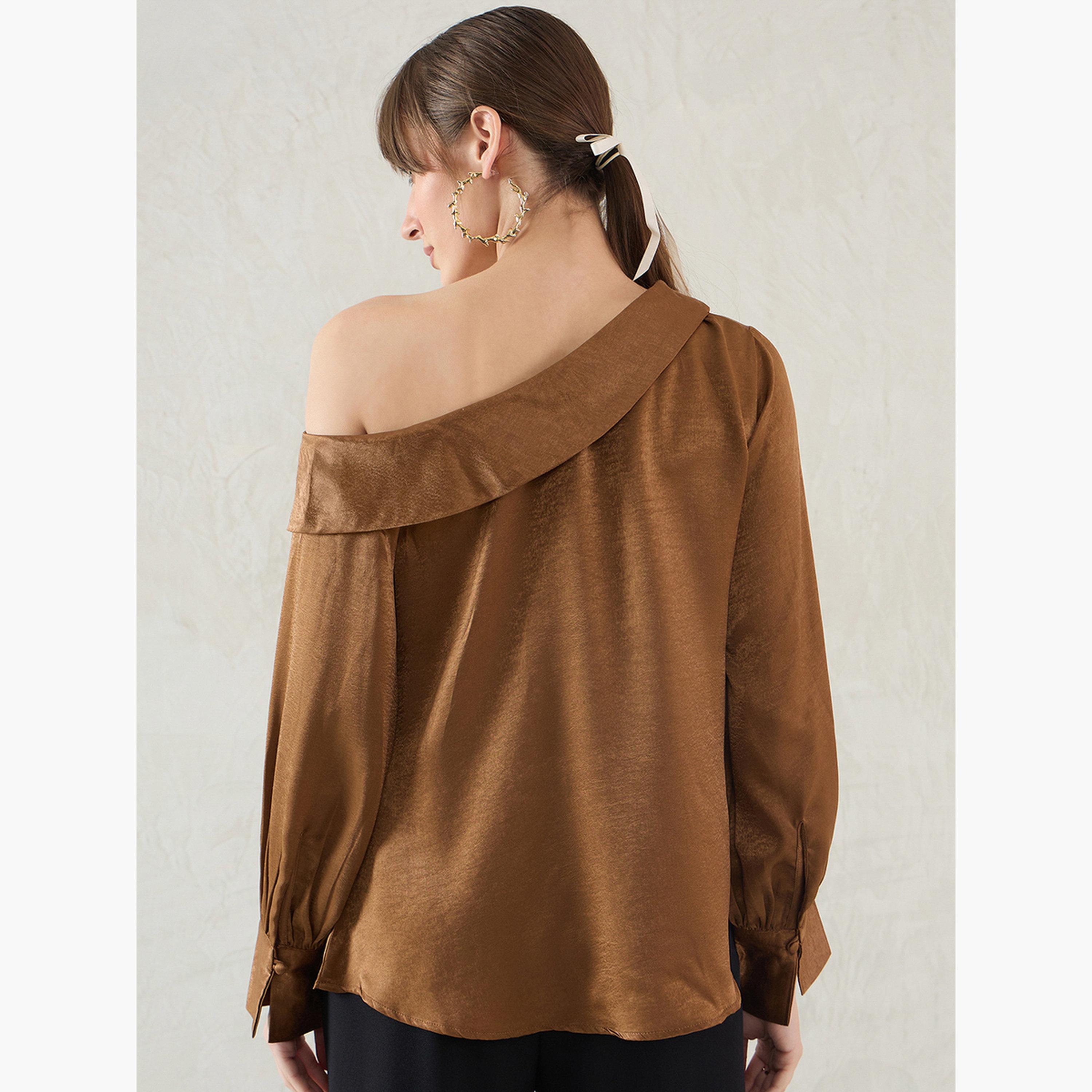 Femmella Brown One Shoulder Detail Satin Top-women-clothing-shirtsandblouses-blouses-image-6