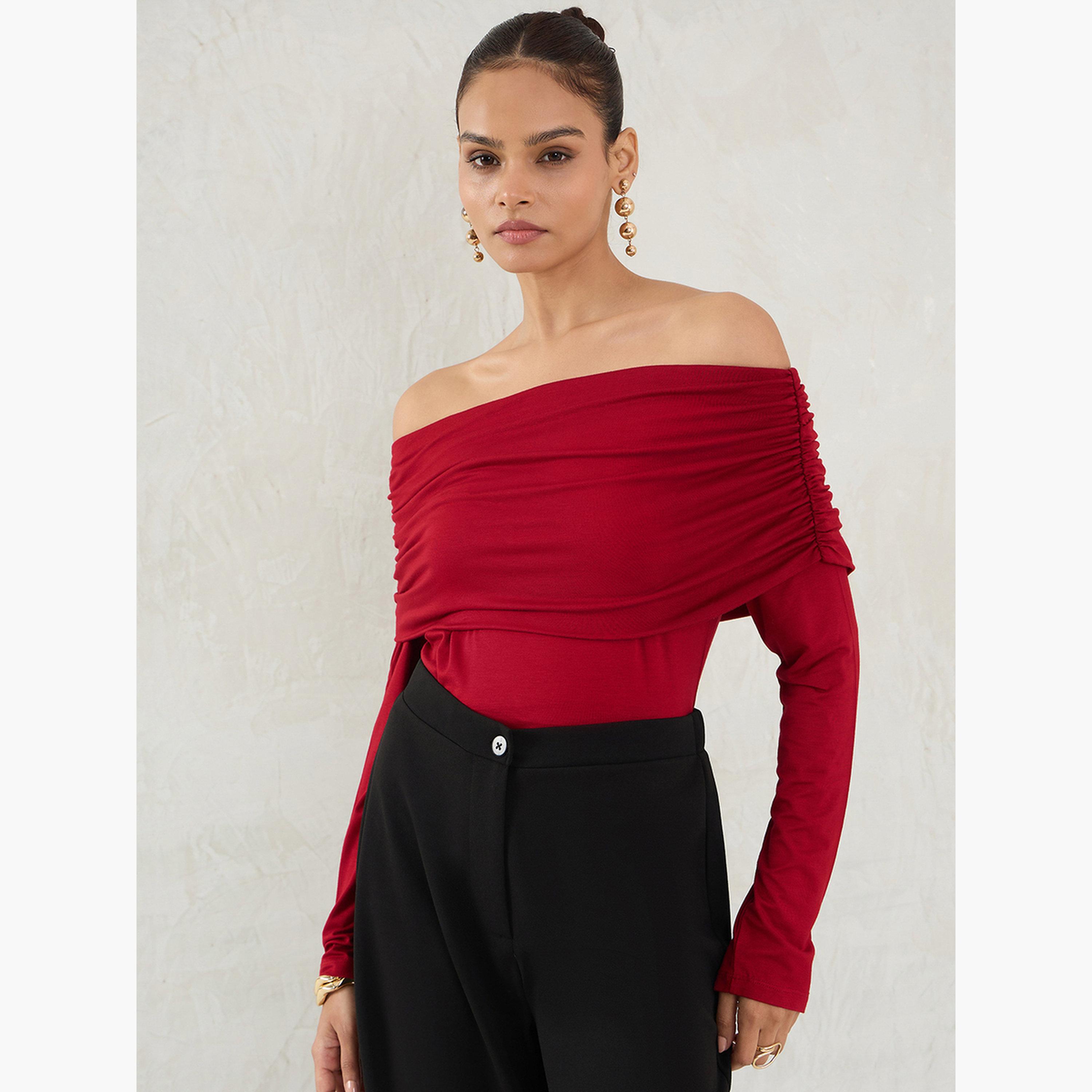 Femmella Deep Red Knit Bardot Neck Ruched Detail Top-women-clothing-shirtsandblouses-blouses-image-1