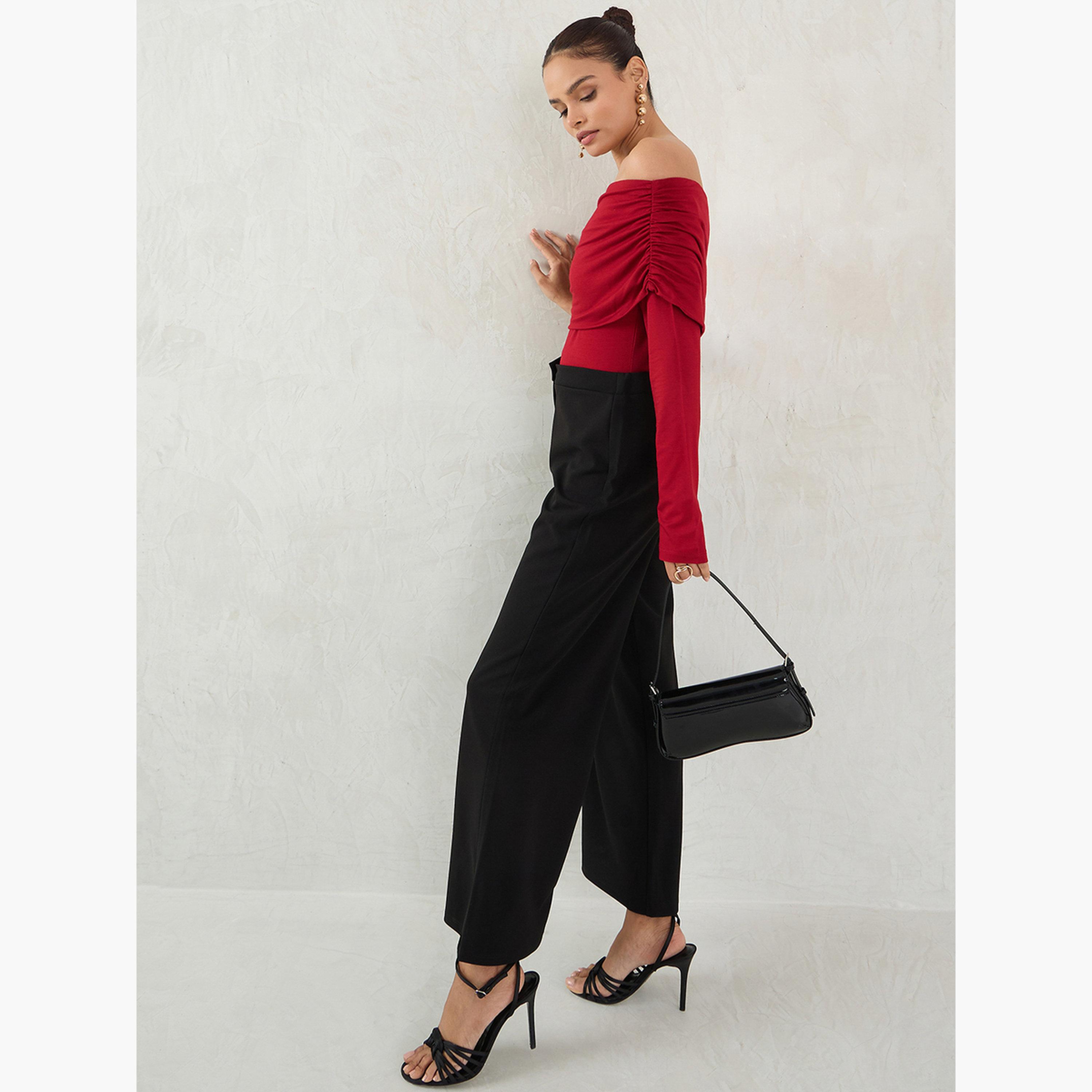 Femmella Deep Red Knit Bardot Neck Ruched Detail Top-women-clothing-shirtsandblouses-blouses-image-2