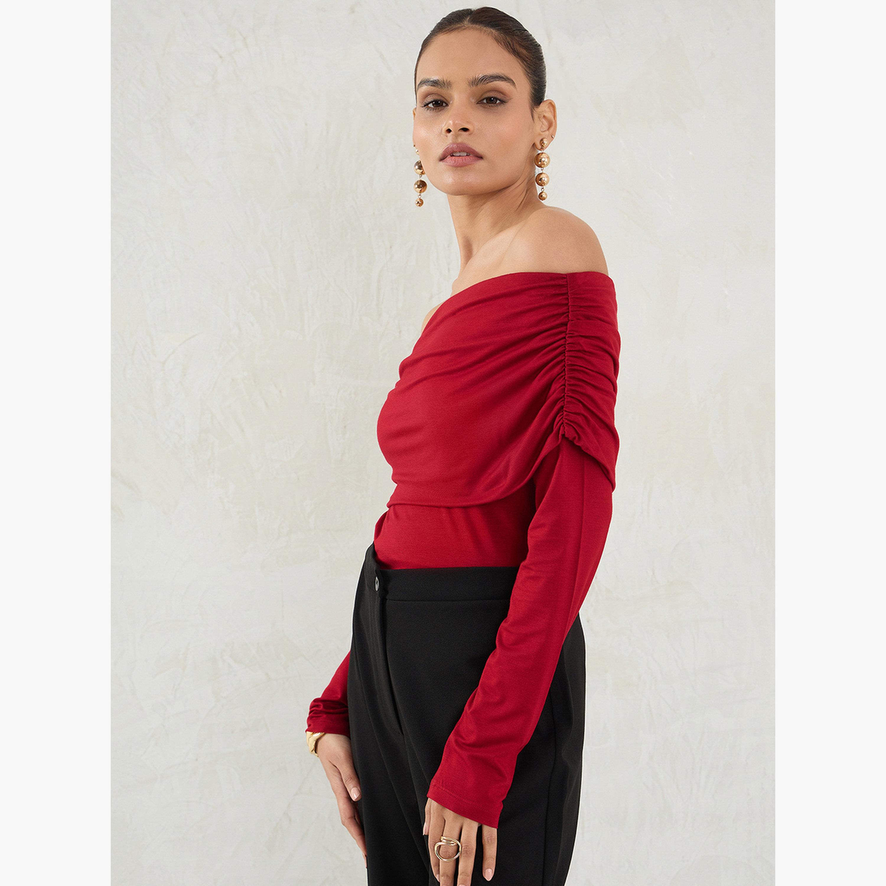 Femmella Deep Red Knit Bardot Neck Ruched Detail Top-women-clothing-shirtsandblouses-blouses-image-3