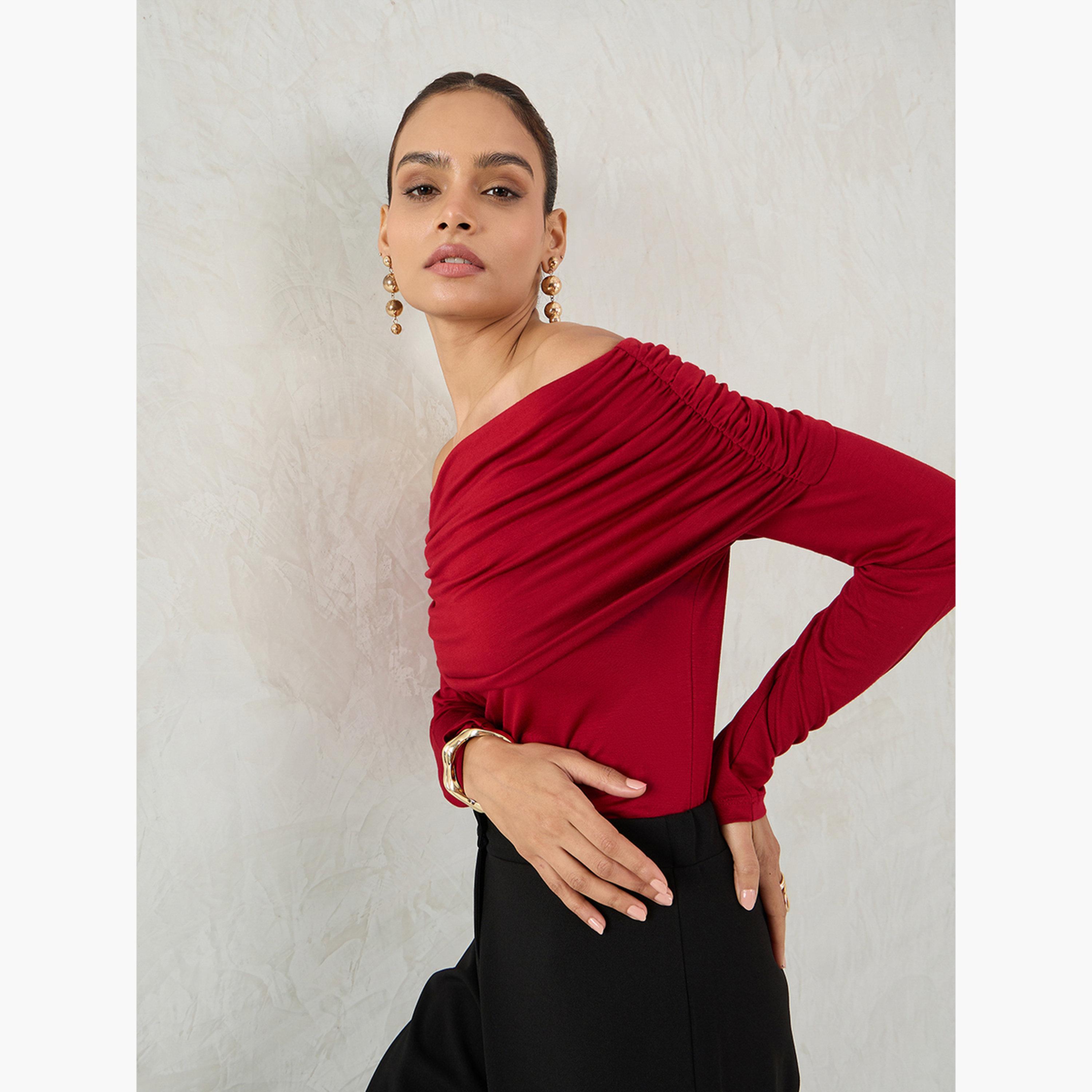 Femmella Deep Red Knit Bardot Neck Ruched Detail Top-women-clothing-shirtsandblouses-blouses-image-4