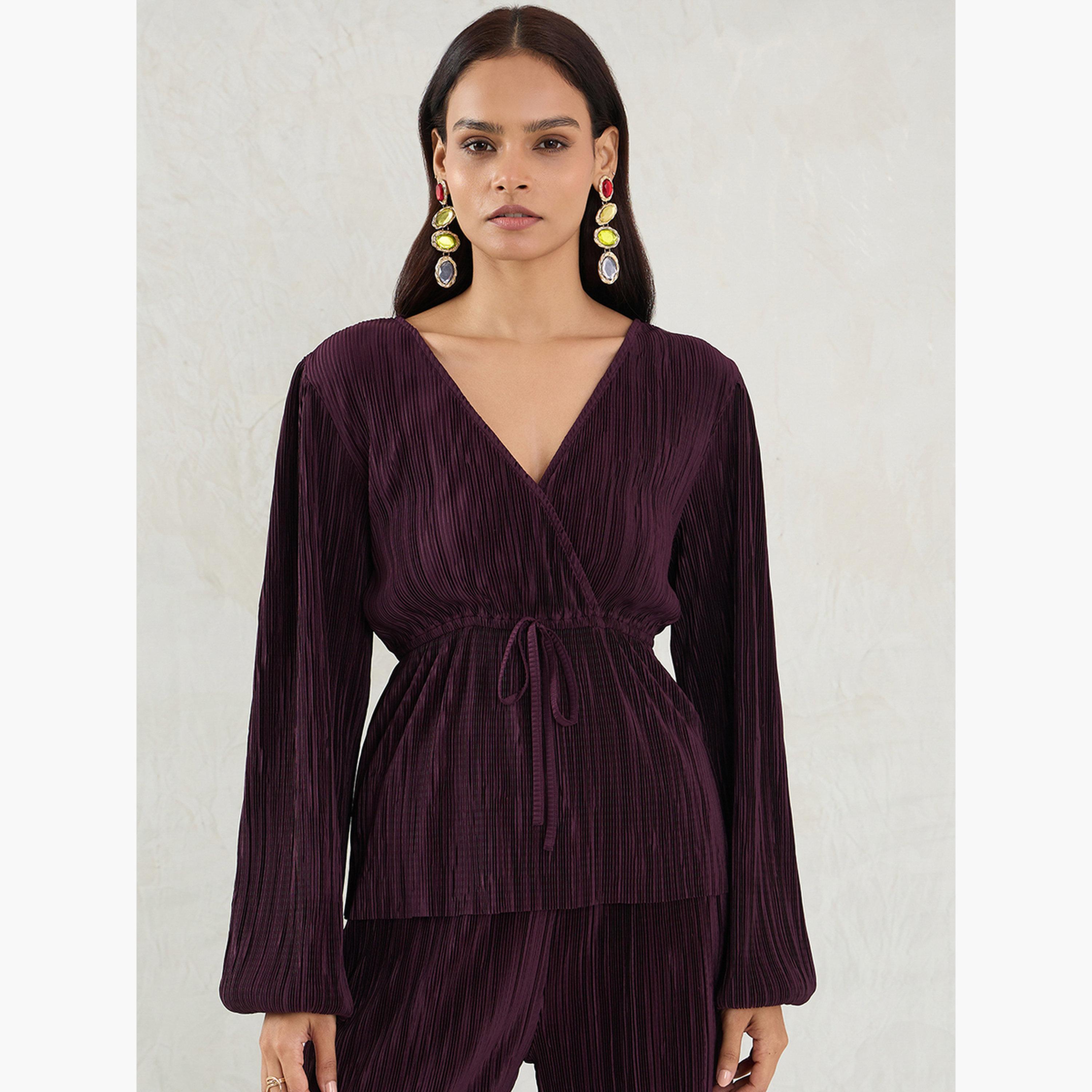 فيميلا - بلوزة بليسيه بيبلوم بأكمام منفوخة لون نبيذي-women-clothing-shirtsandblouses-blouses-image-1