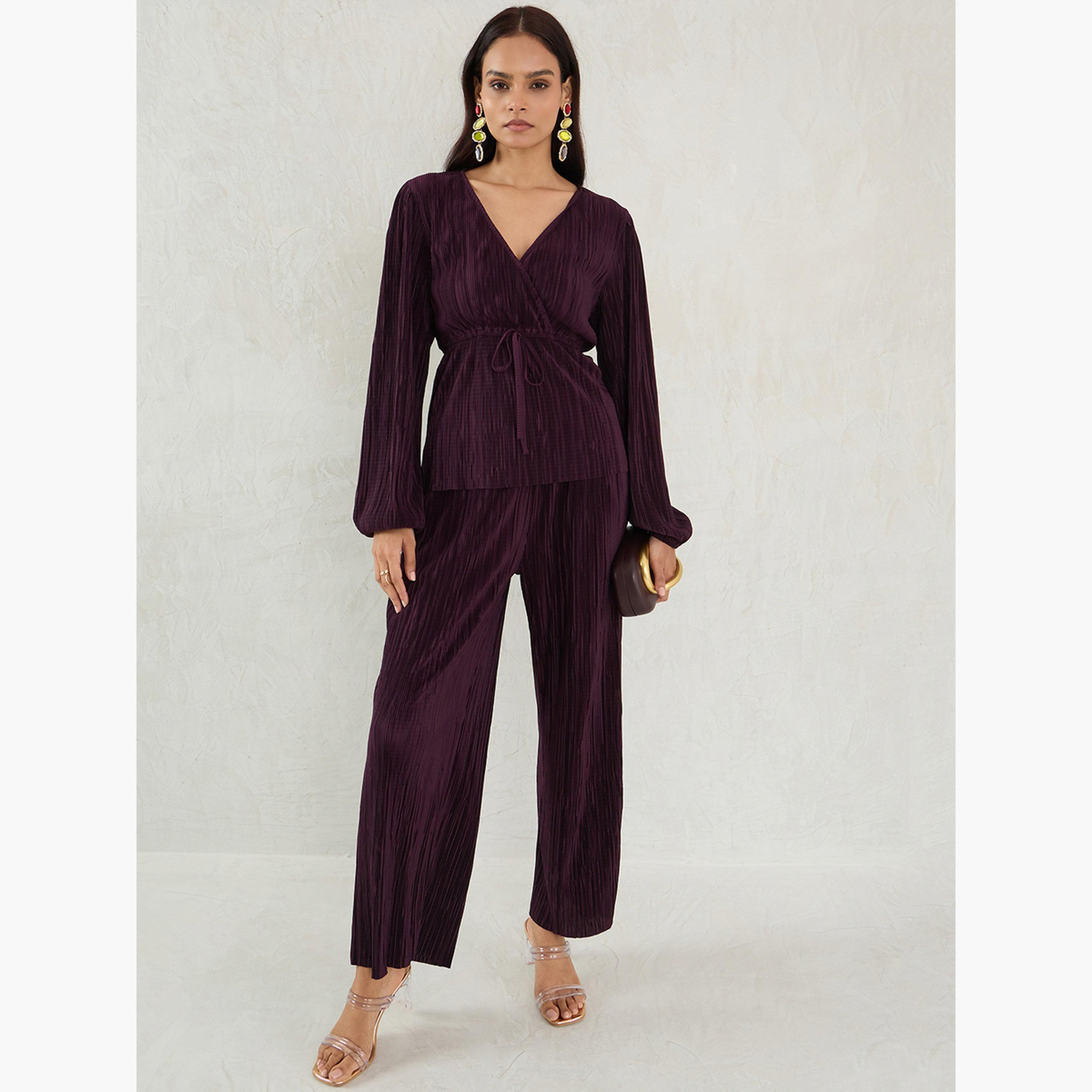 فيميلا - بلوزة بليسيه بيبلوم بأكمام منفوخة لون نبيذي-women-clothing-shirtsandblouses-blouses-image-2