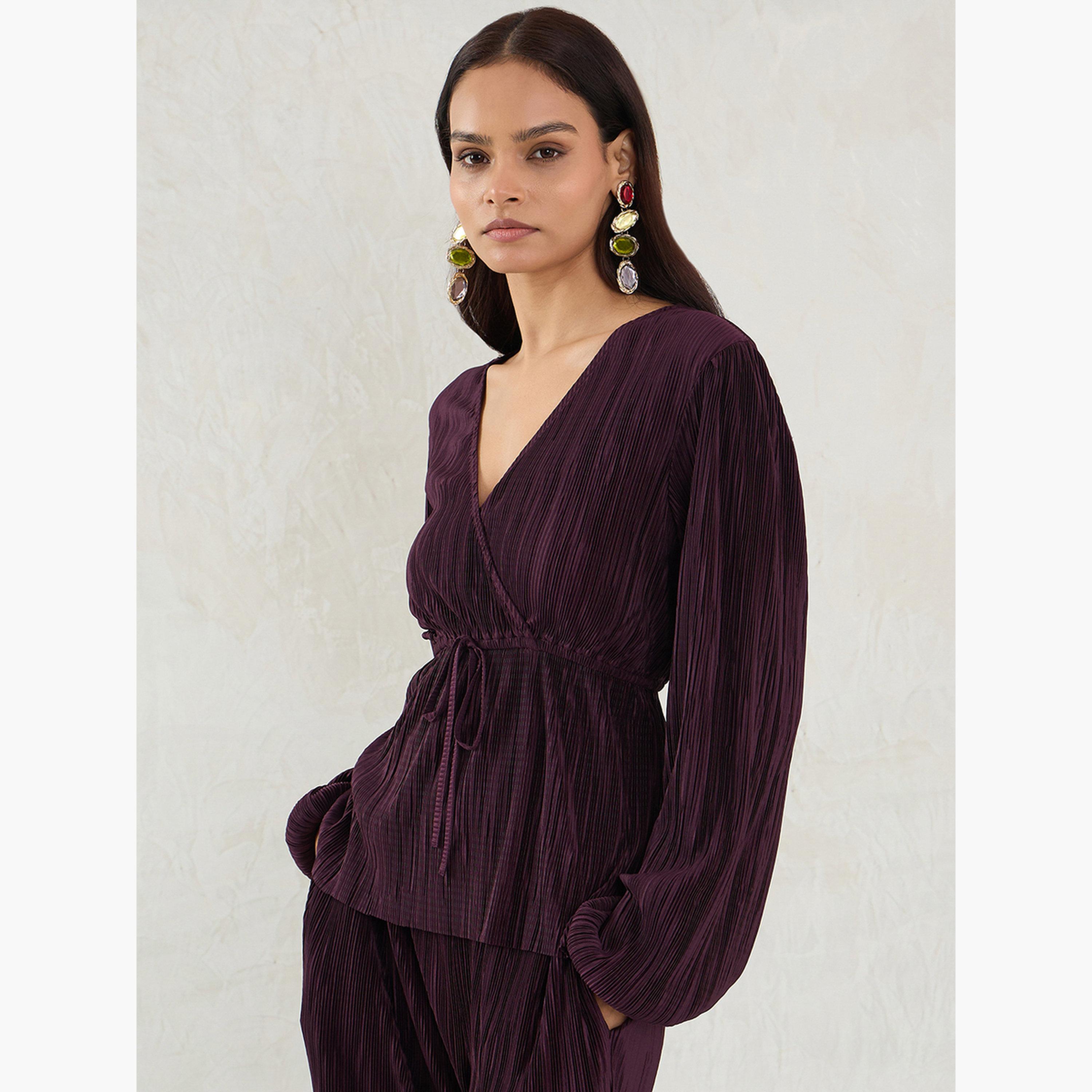 فيميلا - بلوزة بليسيه بيبلوم بأكمام منفوخة لون نبيذي-women-clothing-shirtsandblouses-blouses-image-3