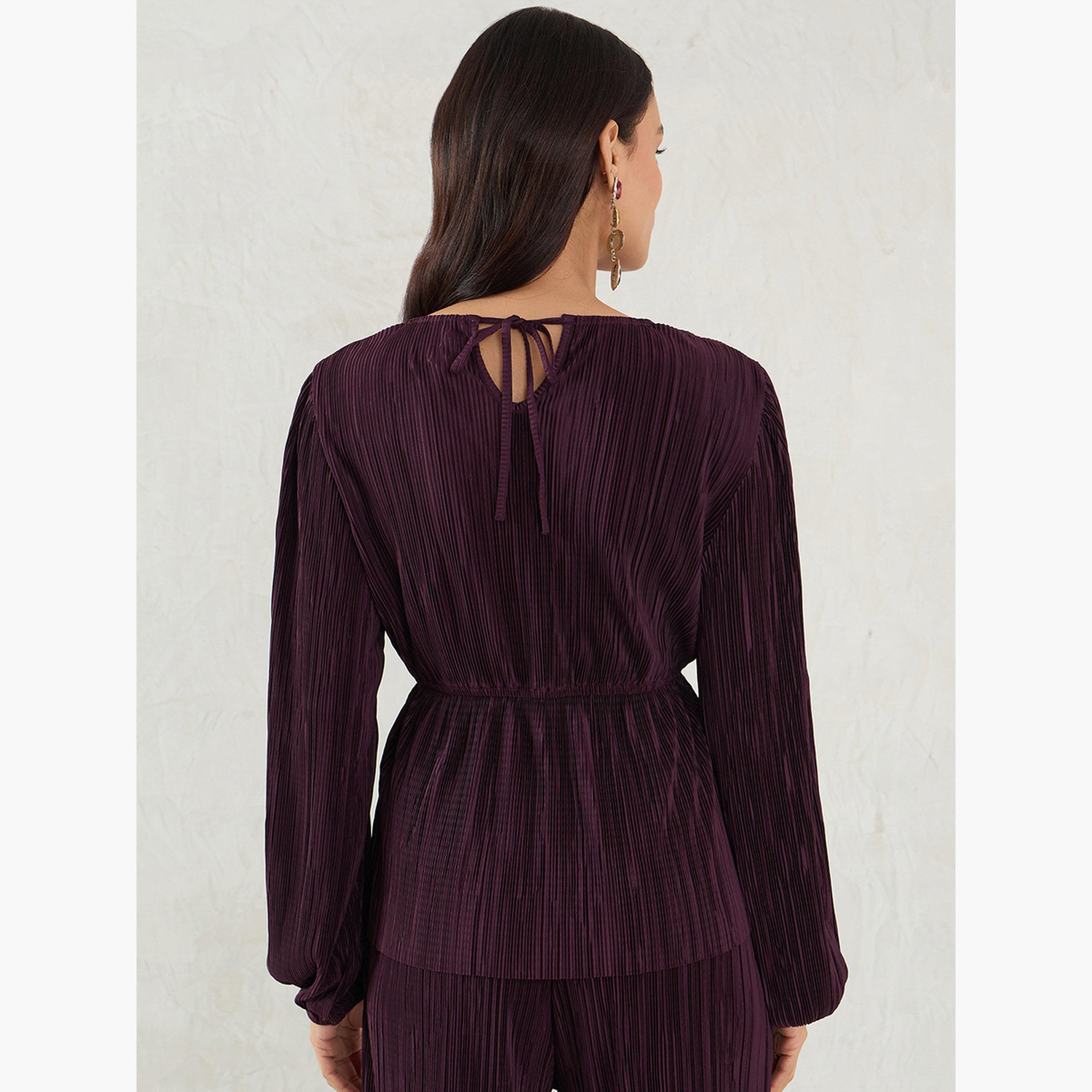 فيميلا - بلوزة بليسيه بيبلوم بأكمام منفوخة لون نبيذي-women-clothing-shirtsandblouses-blouses-image-5