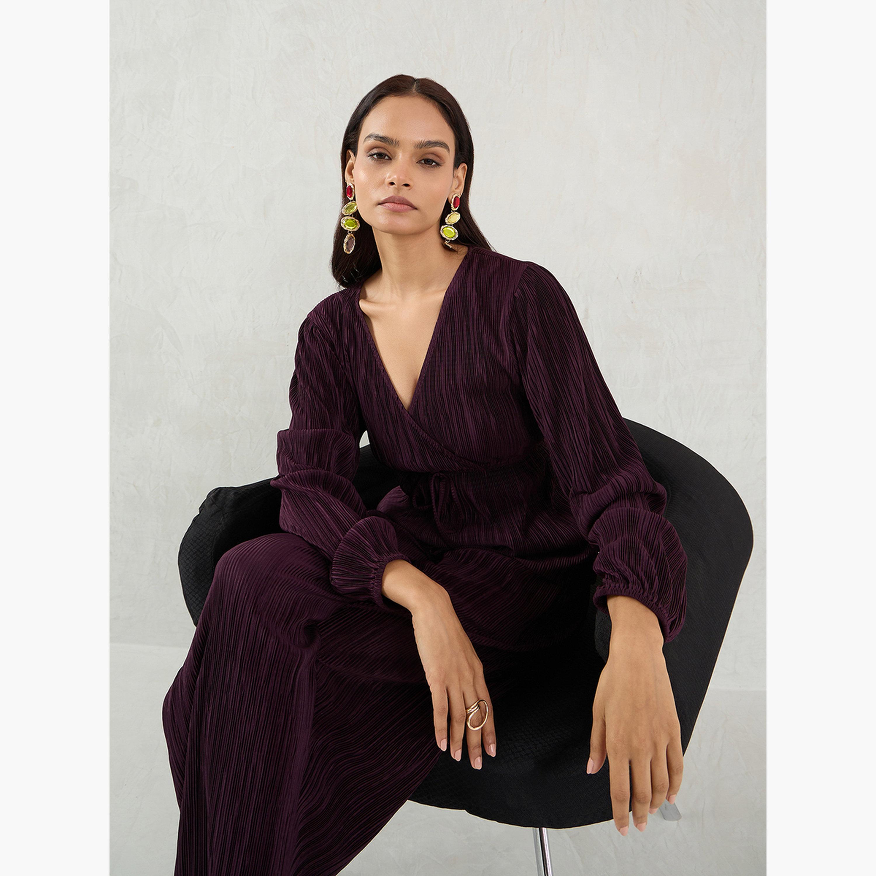 فيميلا - بلوزة بليسيه بيبلوم بأكمام منفوخة لون نبيذي-women-clothing-shirtsandblouses-blouses-image-6