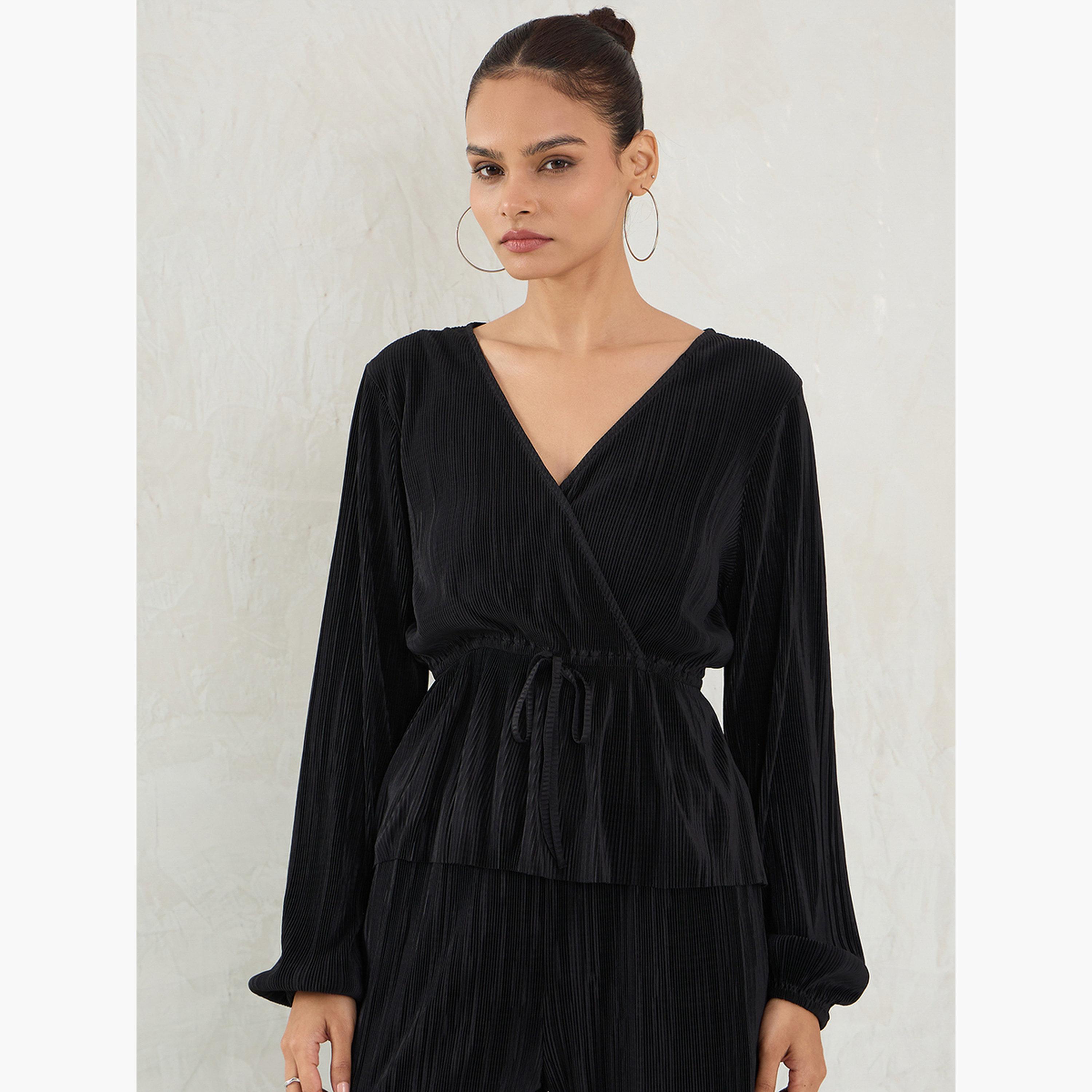 Femmella Black Balloon Sleeve Plisse Peplum Top-women-clothing-shirtsandblouses-blouses-image-1