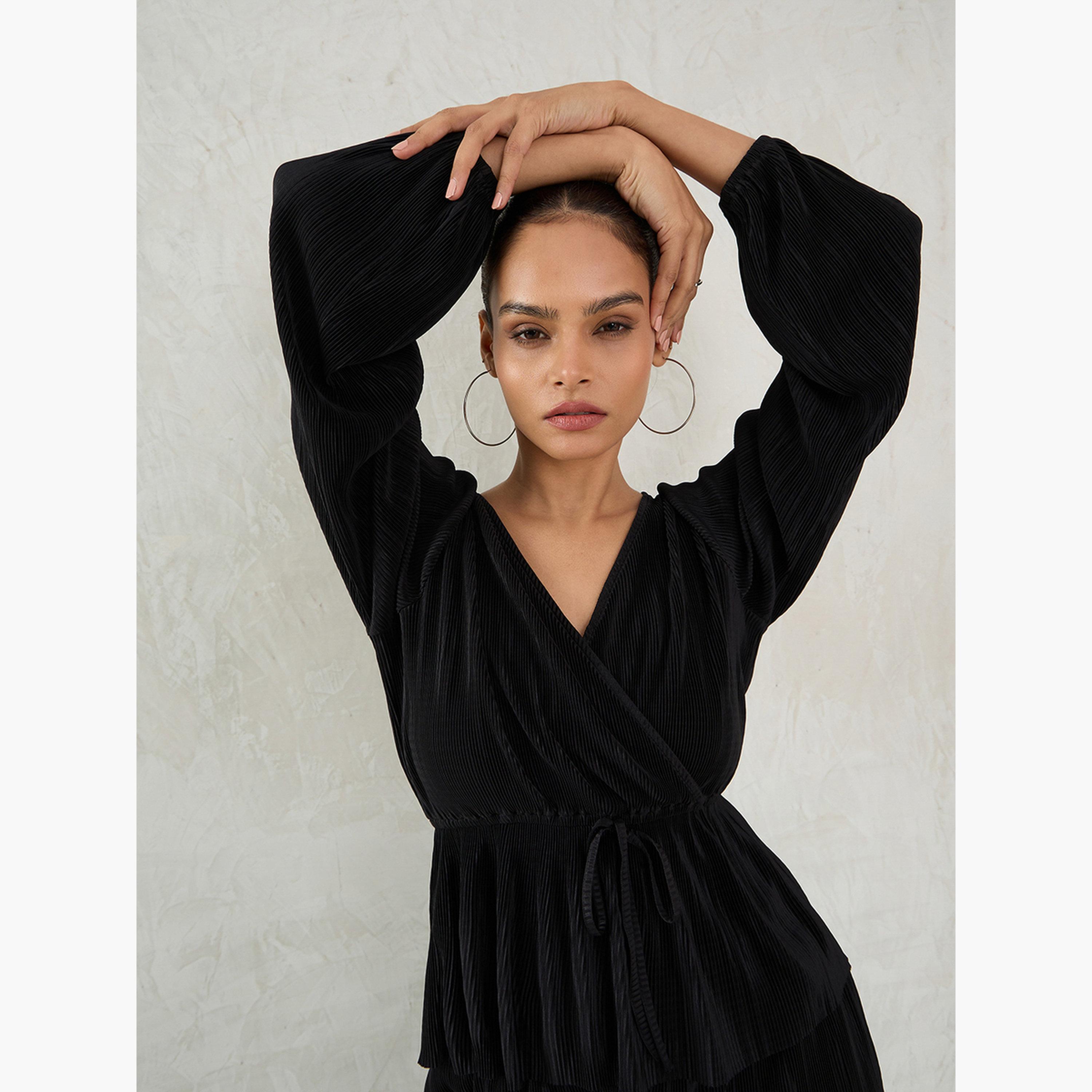 Femmella Black Balloon Sleeve Plisse Peplum Top-women-clothing-shirtsandblouses-blouses-image-3