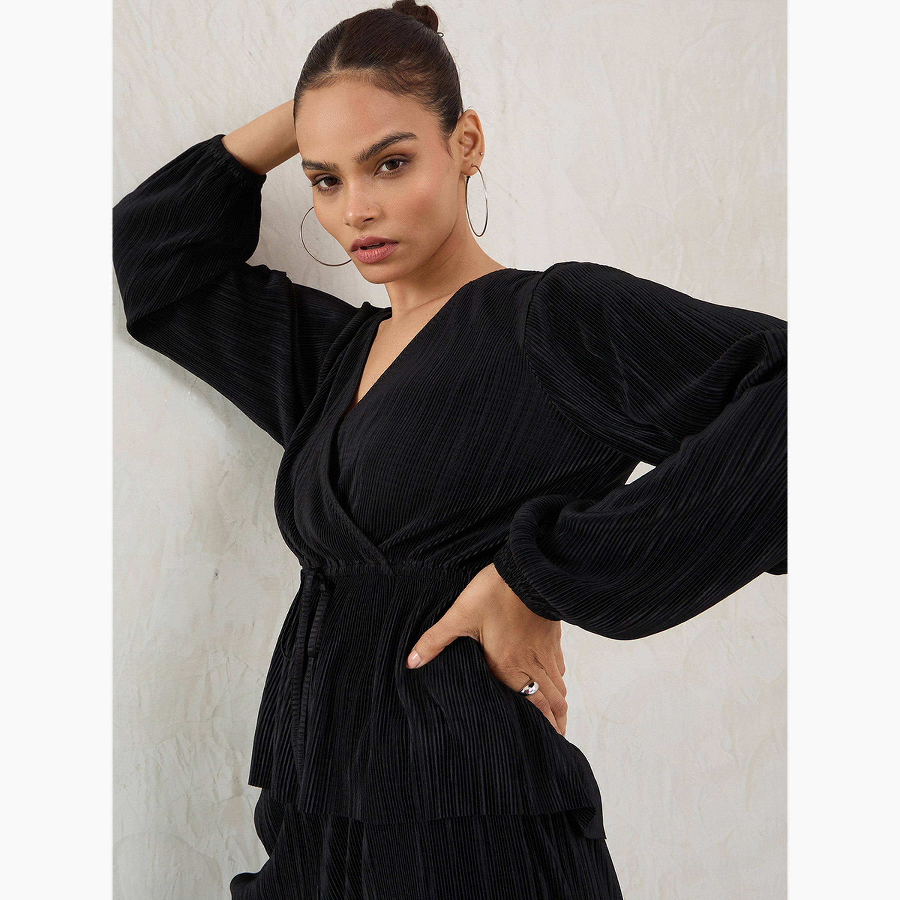 Femmella Black Balloon Sleeve Plisse Peplum Top-women-clothing-shirtsandblouses-blouses-image-4