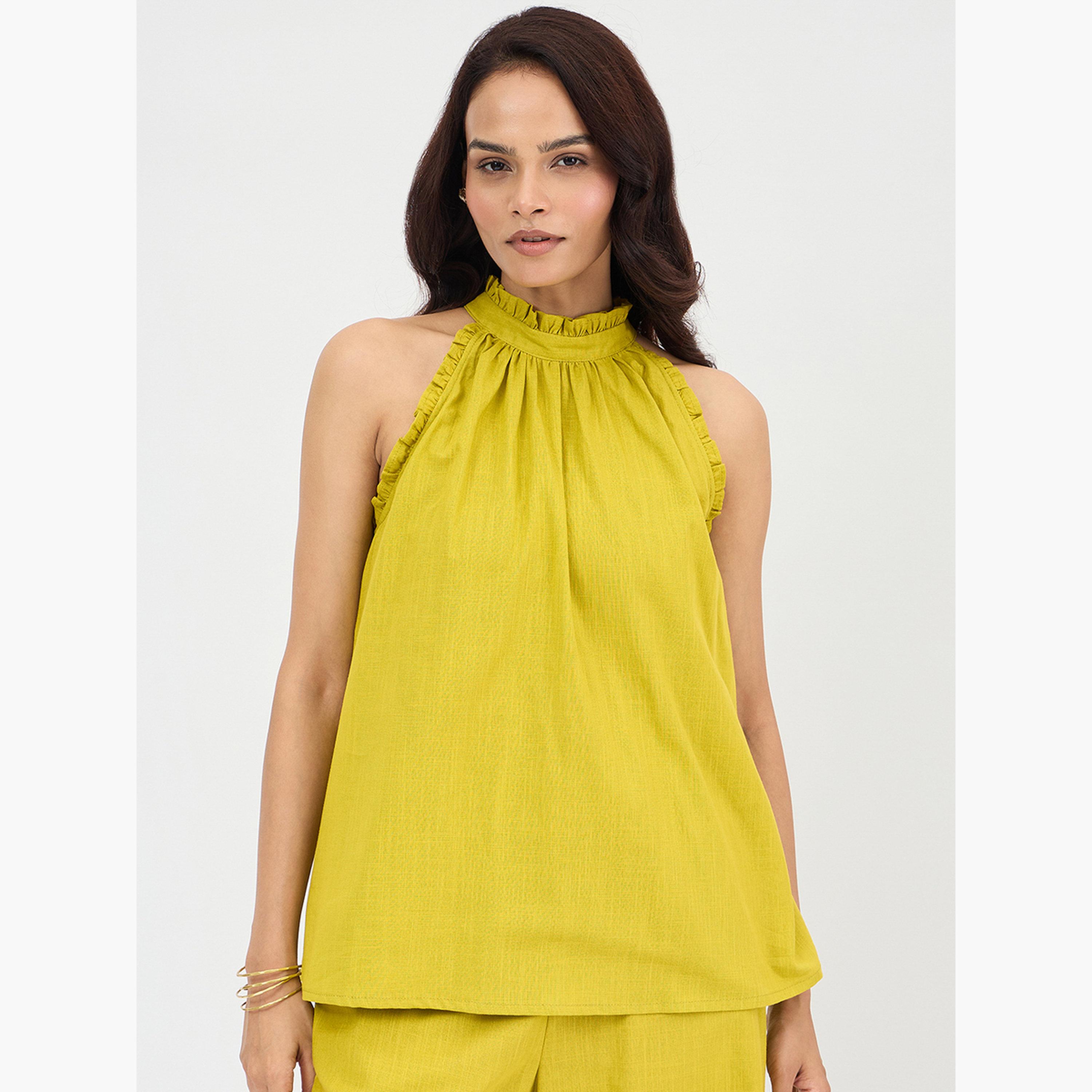 Femmella Citrine Green Cotton Halter Neck Top-women-clothing-shirtsandblouses-blouses-image-1