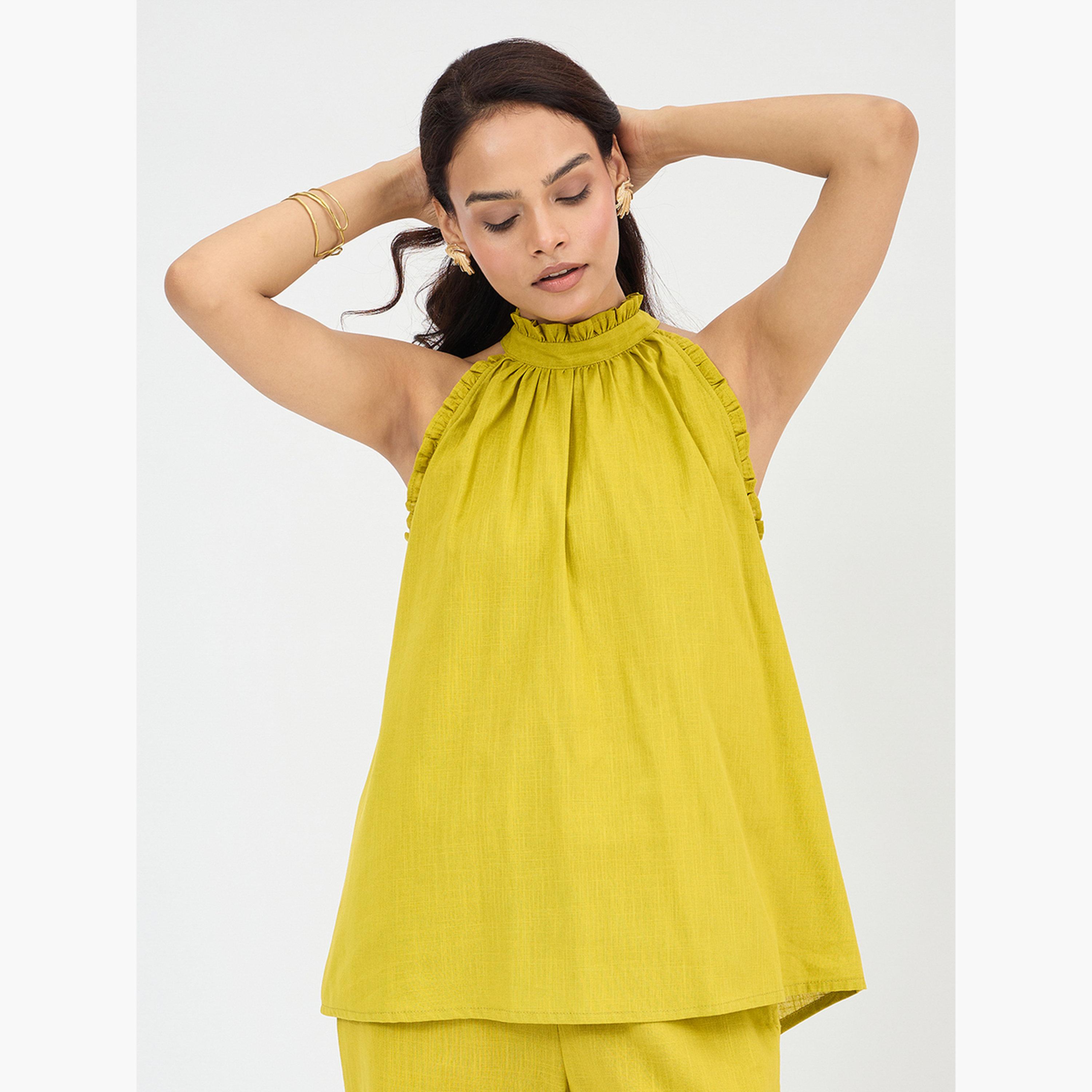 فيميلا - بلوزة قطنية باللون الأخضر السترين ياقة تعليق-women-clothing-shirtsandblouses-blouses-image-3