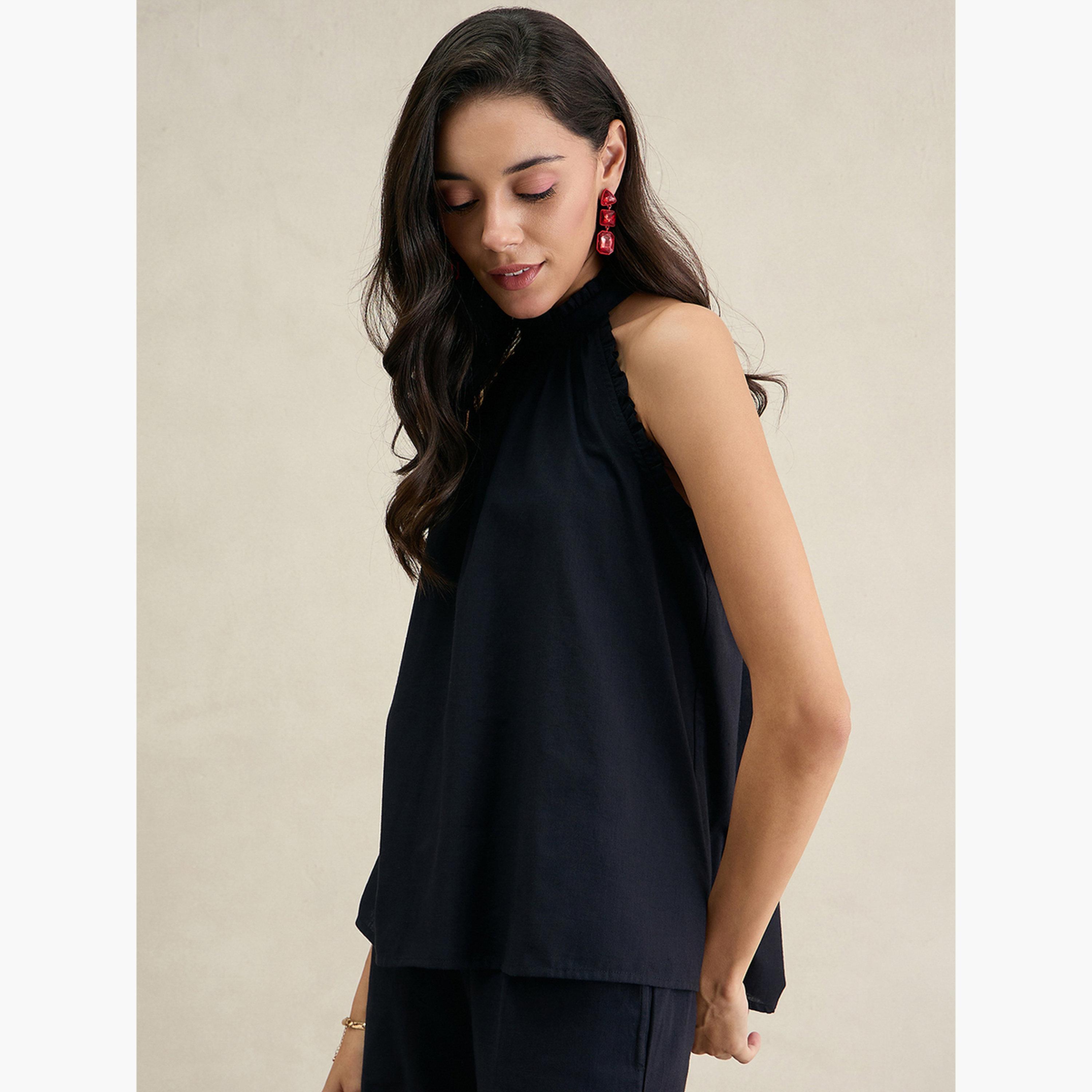 فيميلا - بلوزة قطنية سوداء ياقة تعليق-women-clothing-shirtsandblouses-blouses-image-3