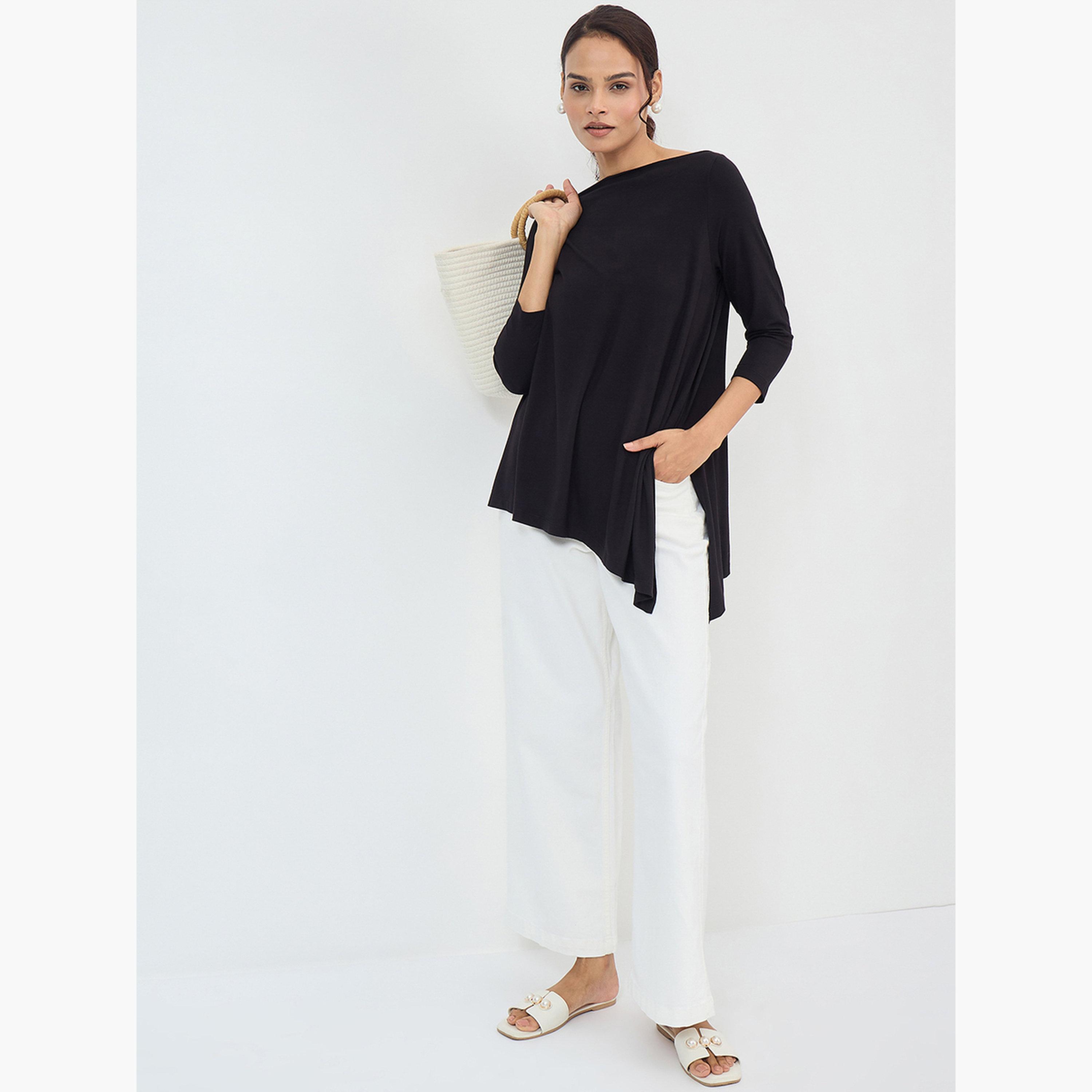 Femmella Black Asymmetric Hem Top with 3/4 Sleeve-women-clothing-tshirts-image-2