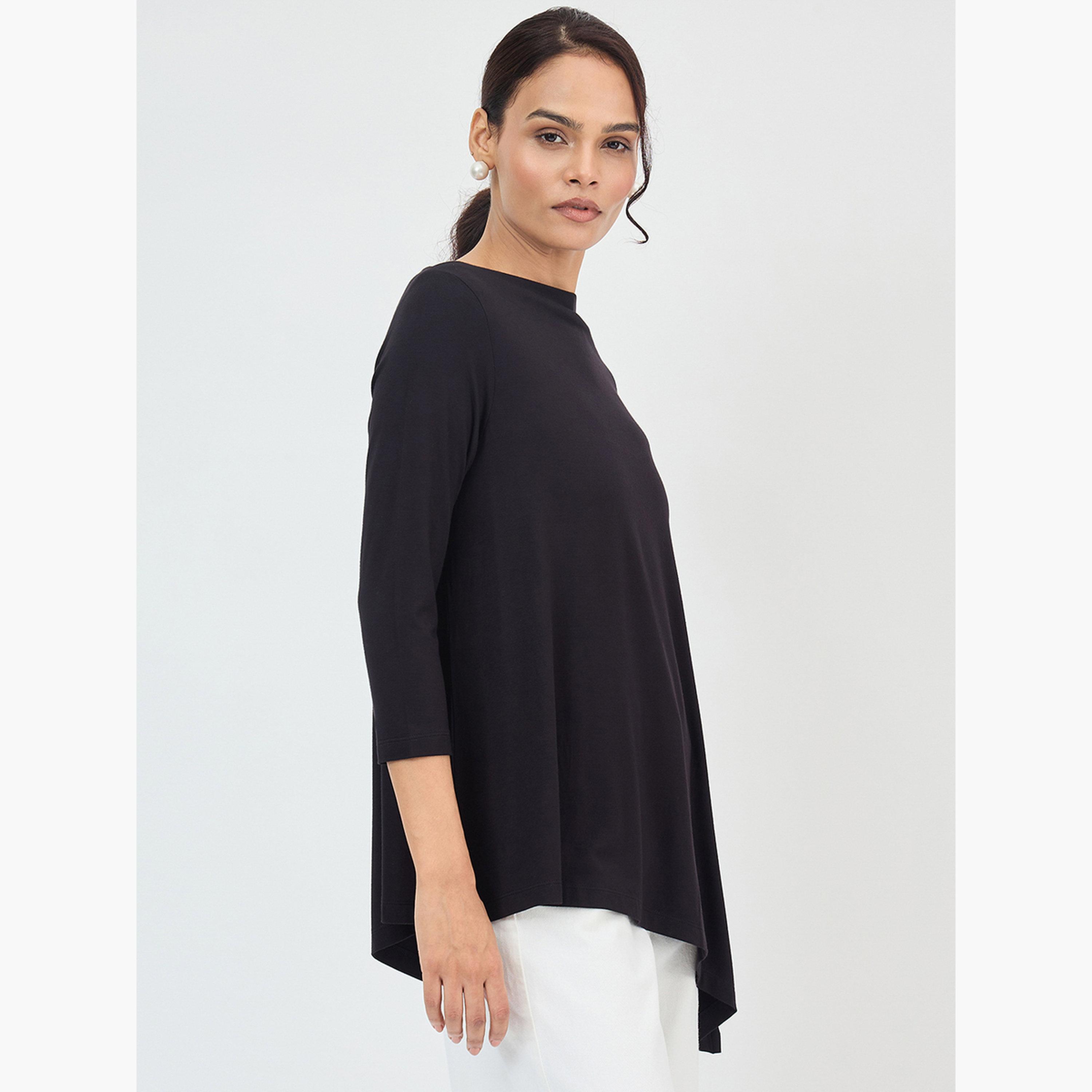 Femmella Black Asymmetric Hem Top with 3/4 Sleeve-women-clothing-tshirts-image-3