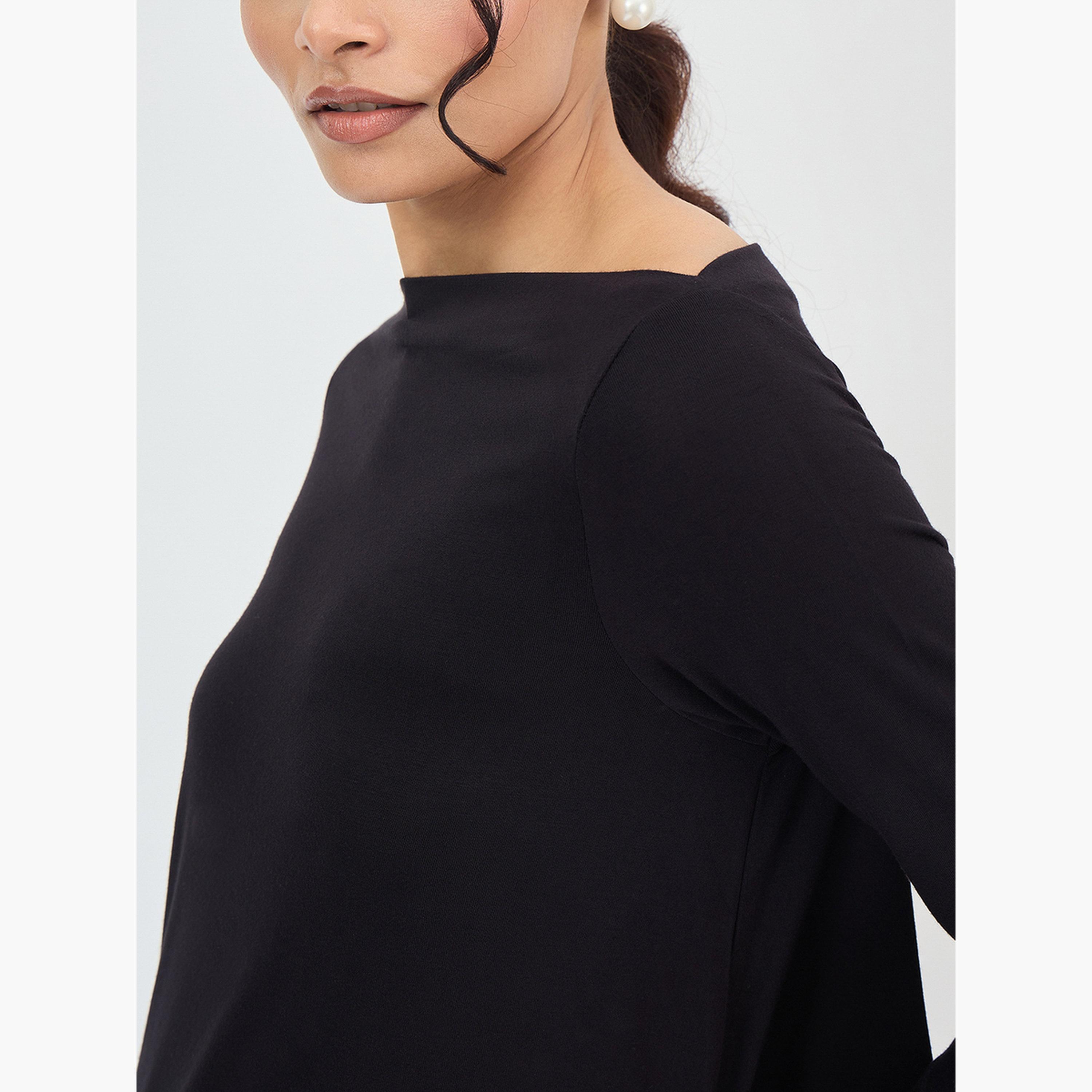 Femmella Black Asymmetric Hem Top with 3/4 Sleeve-women-clothing-tshirts-image-4
