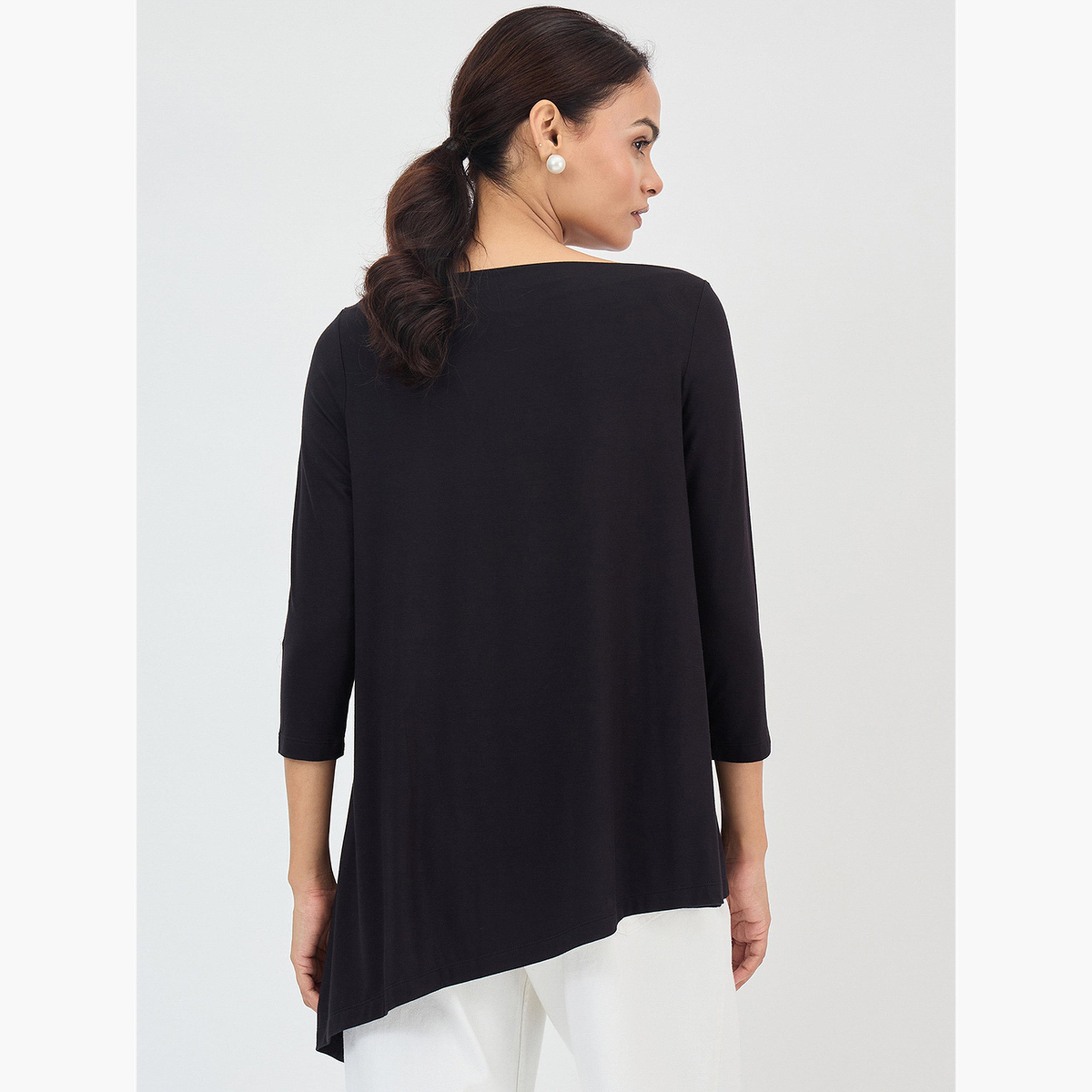 Femmella Black Asymmetric Hem Top with 3/4 Sleeve-women-clothing-tshirts-image-5