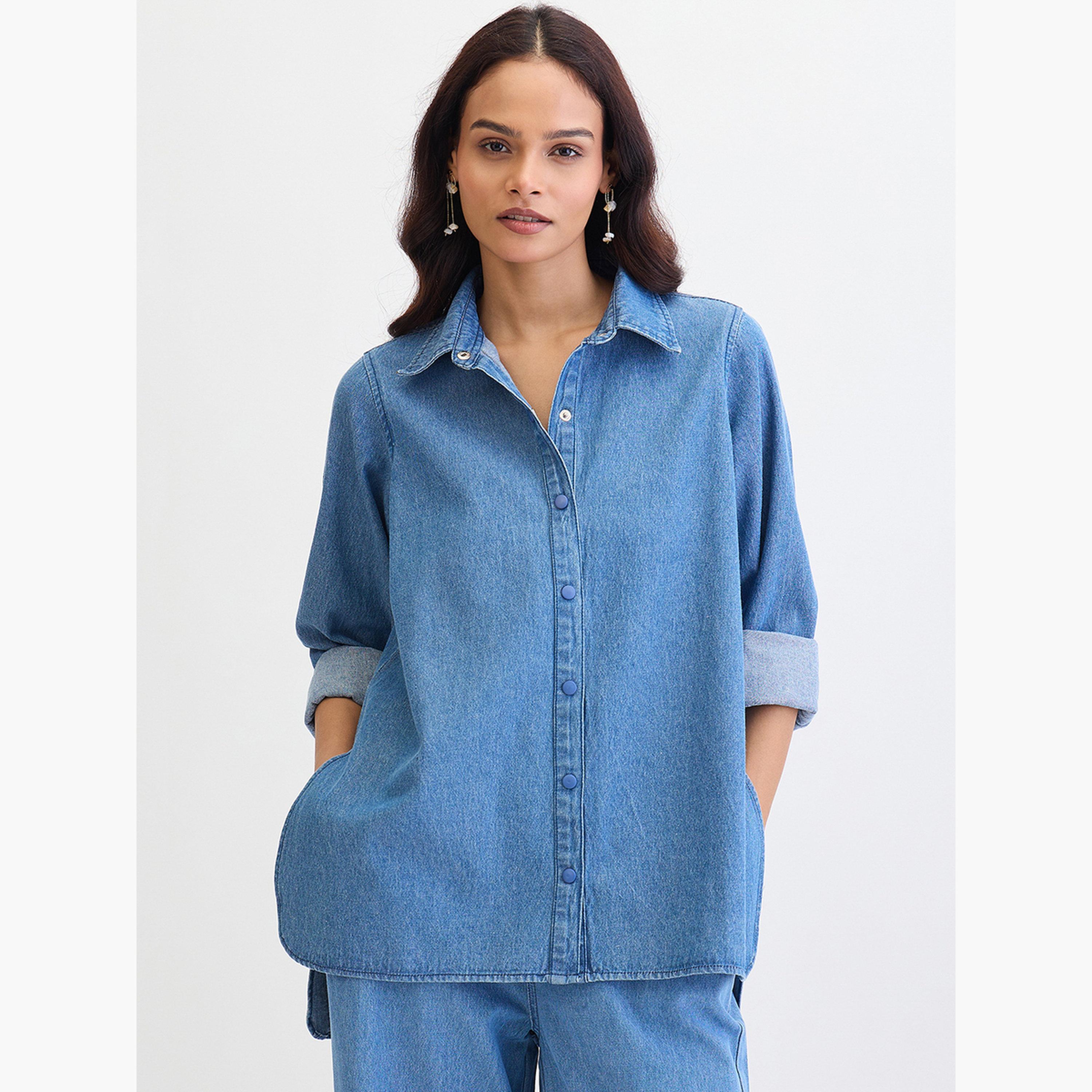 فيميلا - قميص جينز زرقاء أزرق بأكمام طويلة-women-clothing-shirtsandblouses-shirts-image-1